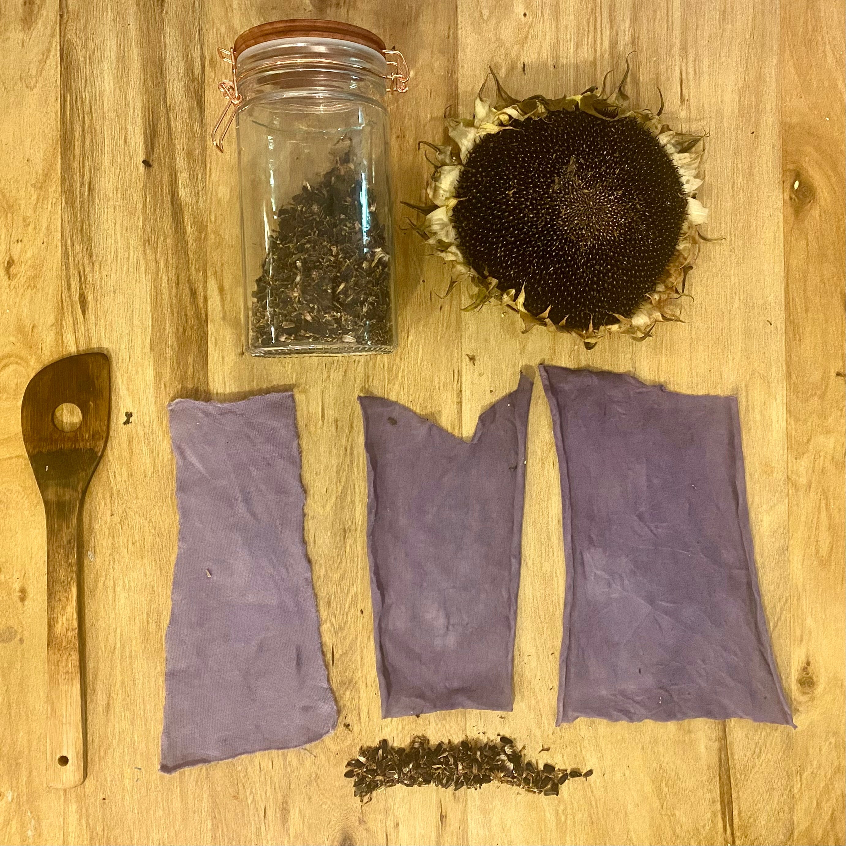 a wooden spoon a dried hopi sunflower a jar of sunflower seeds and 3 swatches of dyed fabrics are laid out on a wooden table top with some seeds sprikled underneath