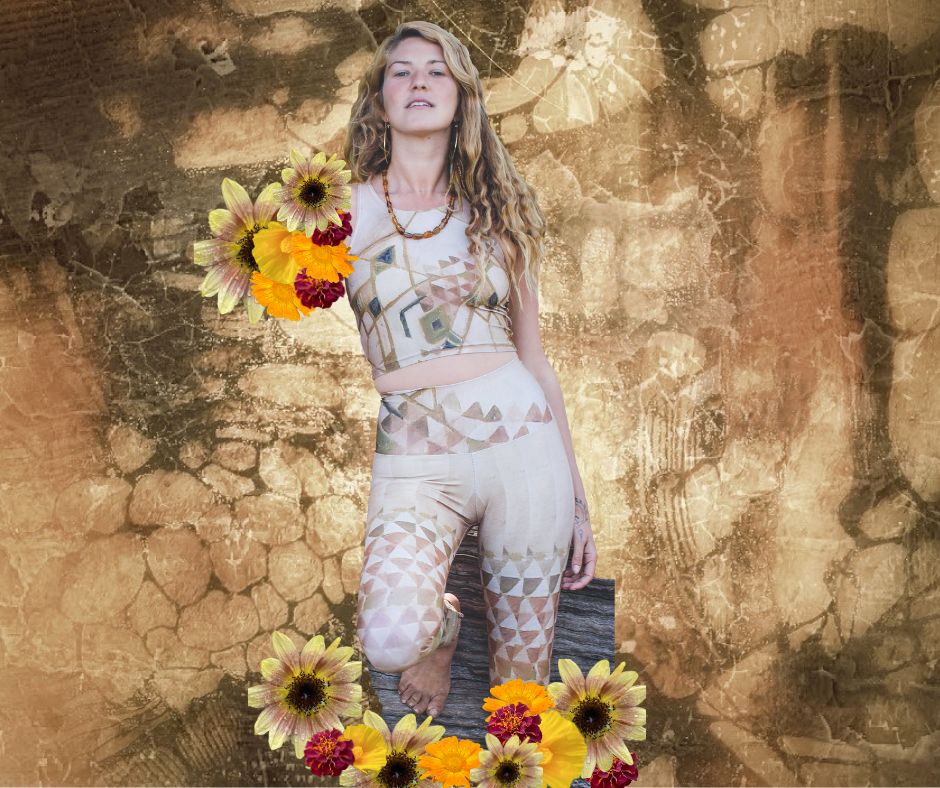 A woman with wavy dirty blonde hair stands in a matching yoga set(tank top and leggings). background is an abstract/organic painting. there are flowers - sunflowers, poppies, marigolds and calendulas around her - looks like a collage of images