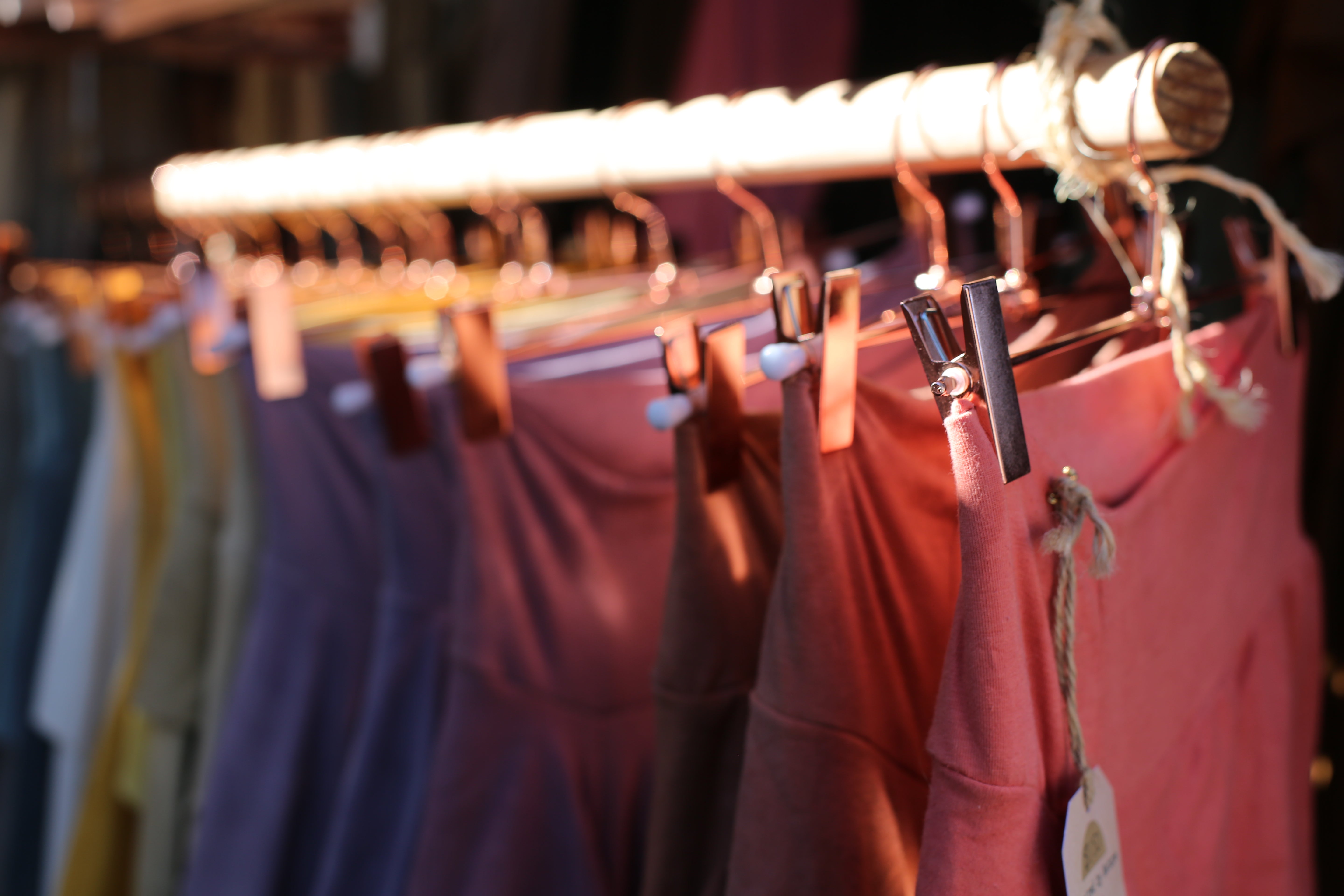 Hemp cotton jersey skirts dyed with low impact dyes bright red through to purples and yellow