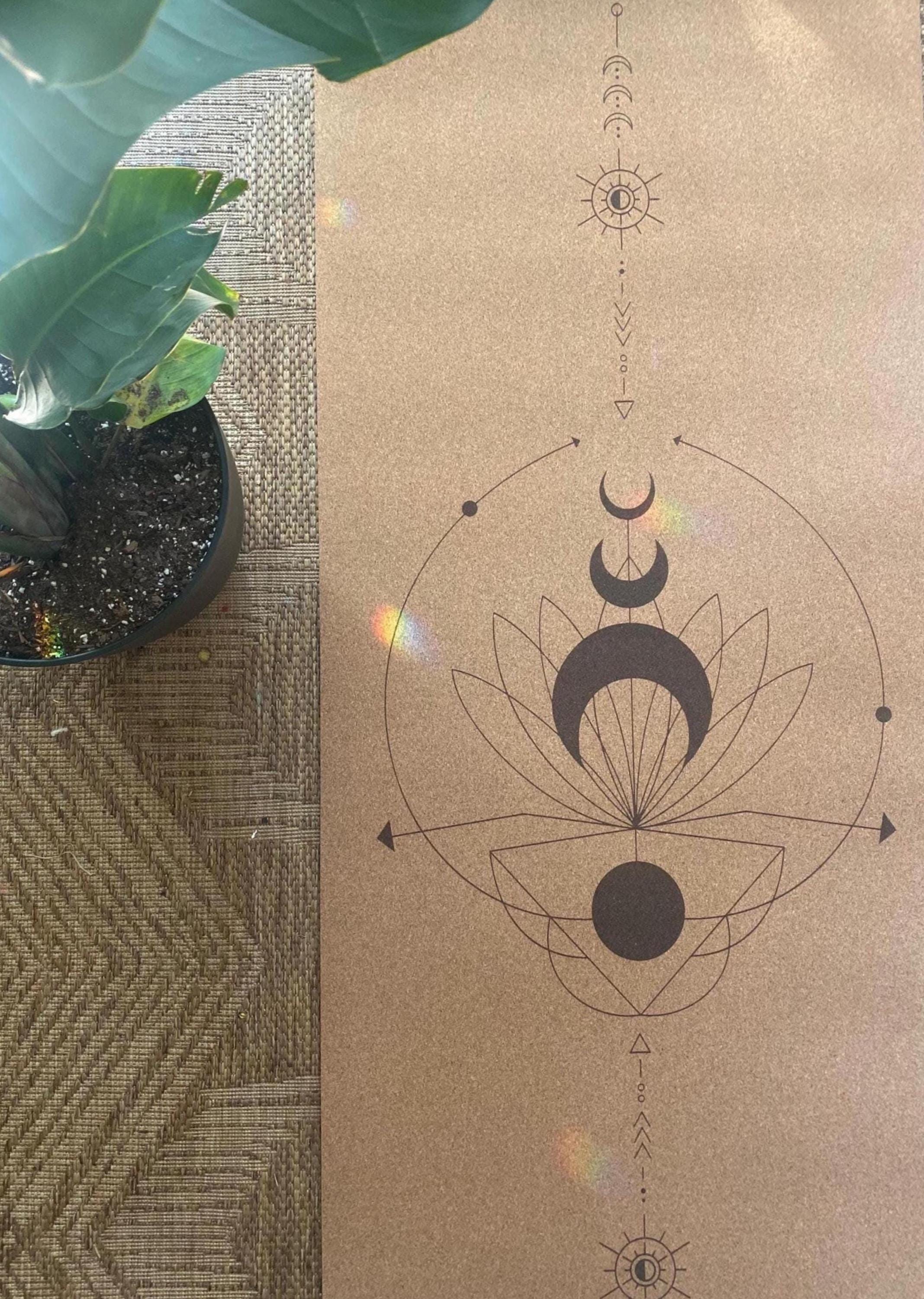 Lunar Bloom Cork Yoga Mat – Laser Engraved Natural Rubber Mat for Ritual & Alignment | Threads of Creation (100 Base Price + shipping)