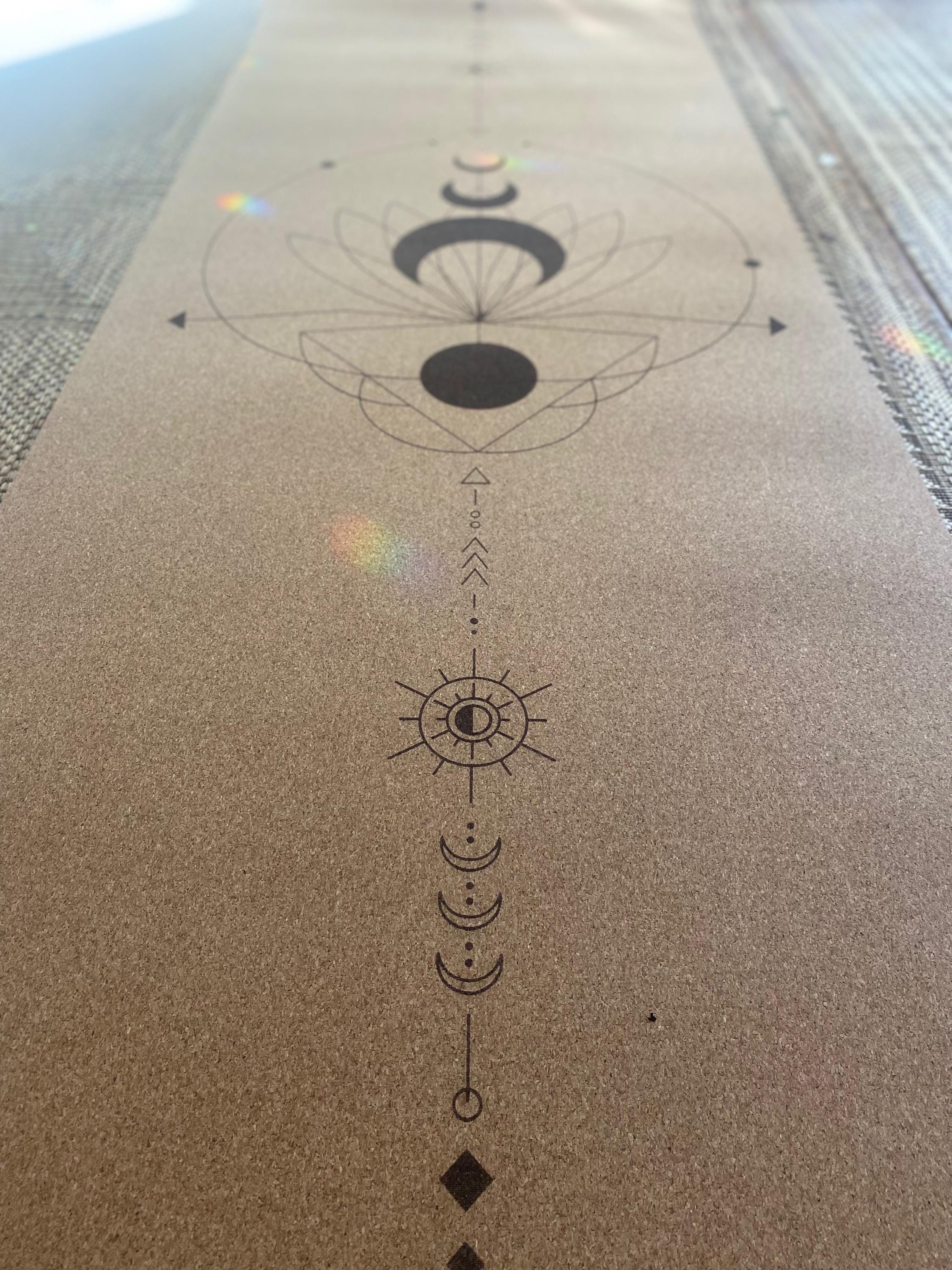Lunar Bloom Cork Yoga Mat – Laser Engraved Natural Rubber Mat for Ritual & Alignment | Threads of Creation (100 Base Price + shipping)