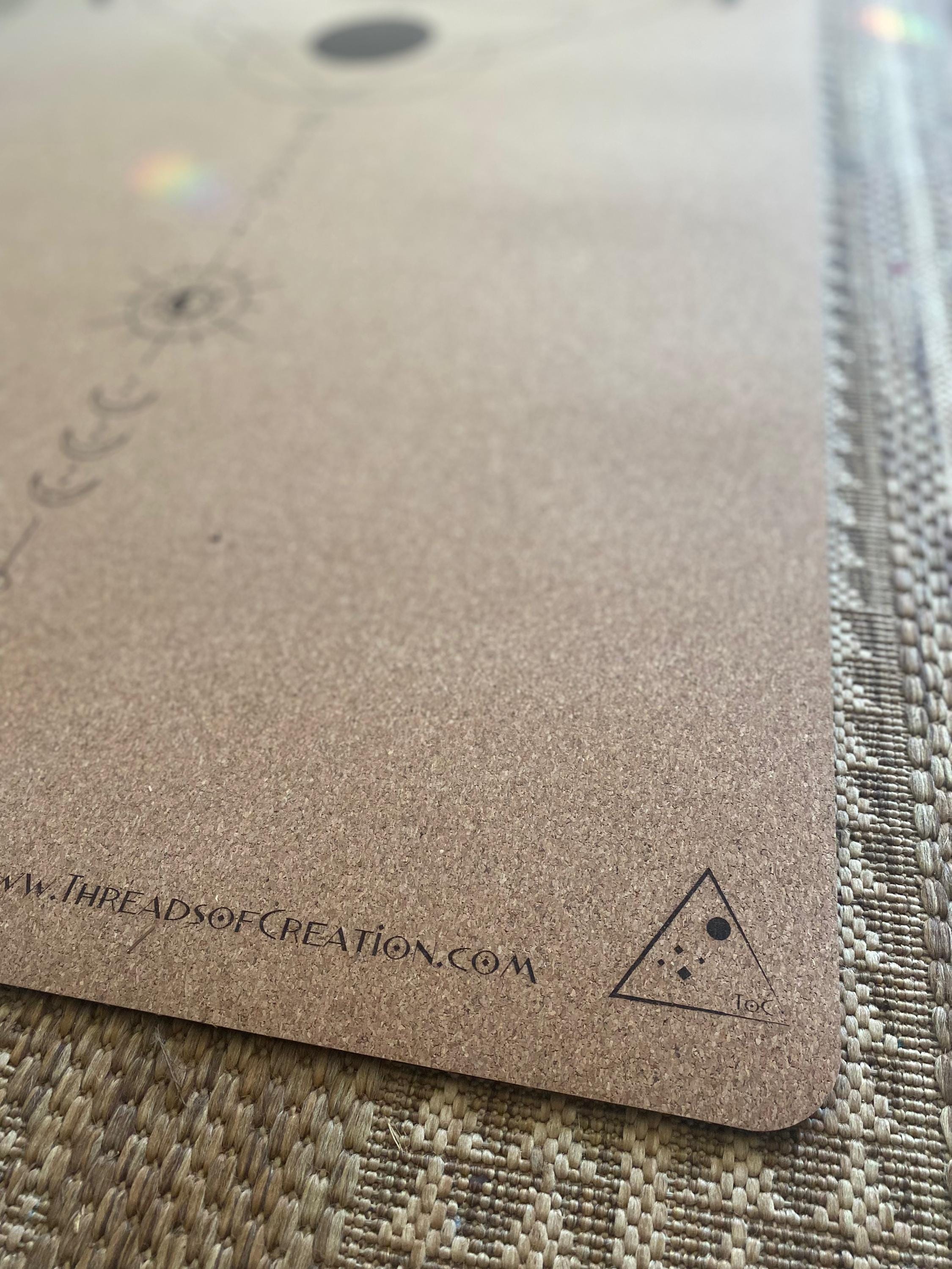 Lunar Bloom Cork Yoga Mat – Laser Engraved Natural Rubber Mat for Ritual & Alignment | Threads of Creation (100 Base Price + shipping)