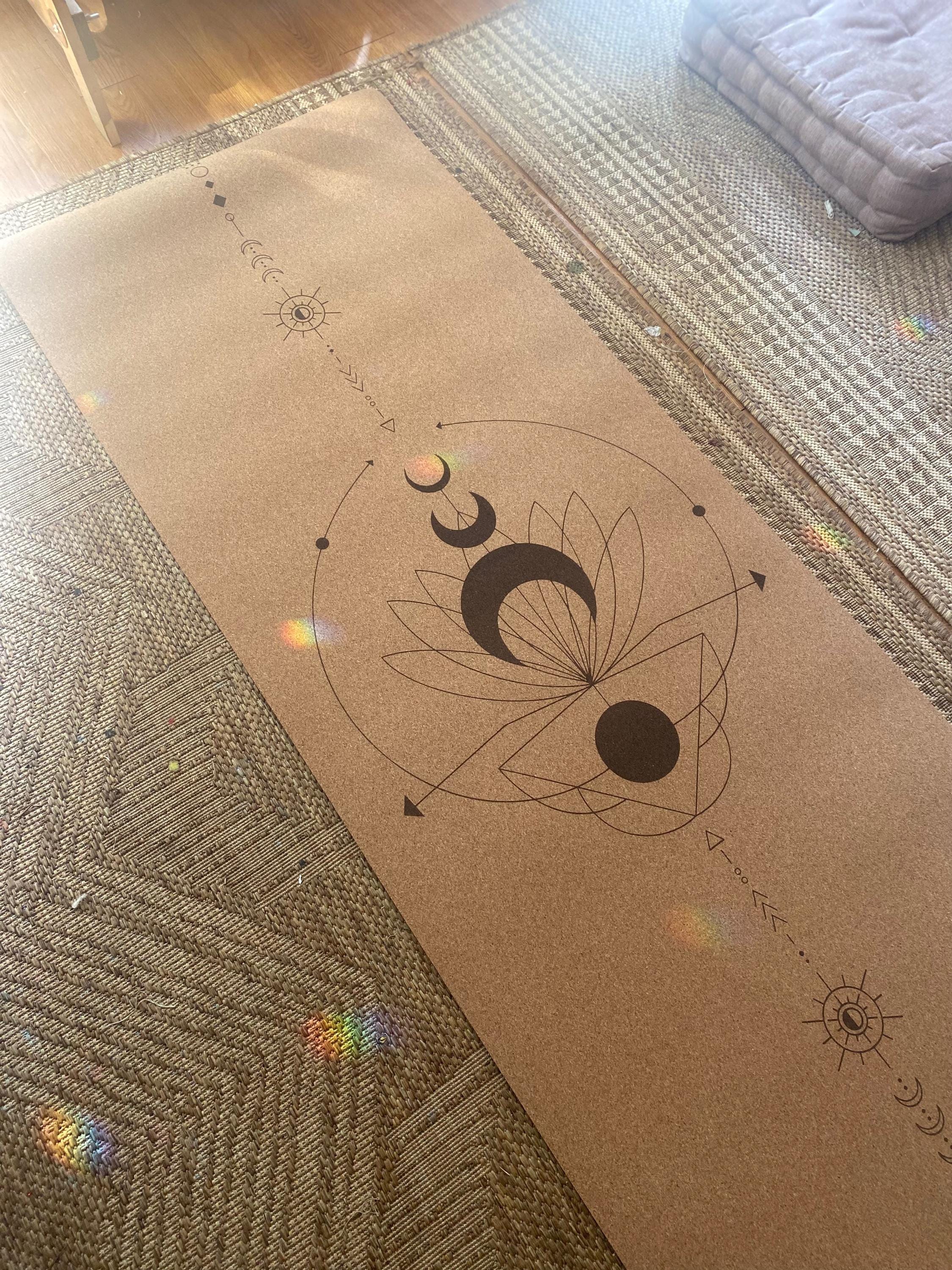 Lunar Bloom Cork Yoga Mat – Laser Engraved Natural Rubber Mat for Ritual & Alignment | Threads of Creation (100 Base Price + shipping)