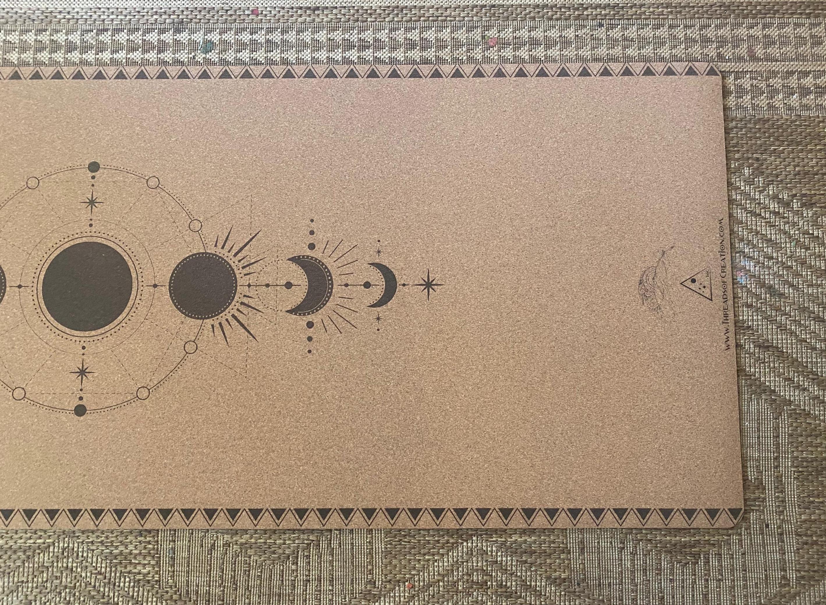 Rooted in Lunar Echoes Cork Yoga Mat – Laser Engraved Natural Rubber Mat | Ritual Alignment | Threads of Creation(100 Base Price + Shipping)