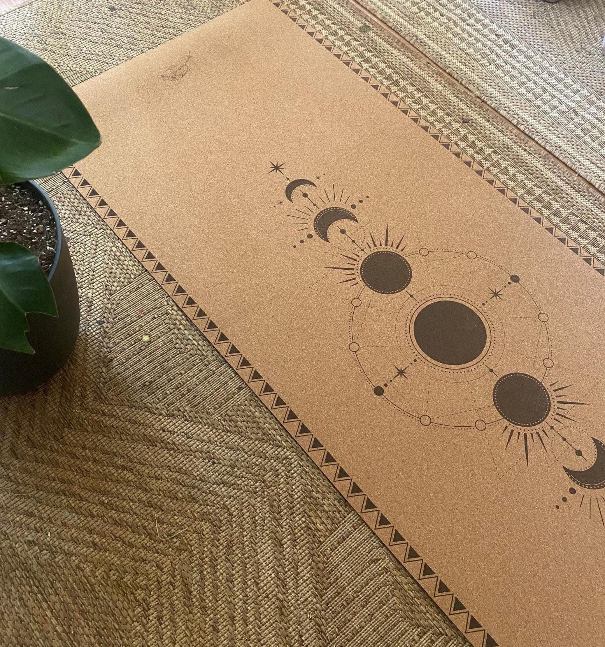 Rooted in Lunar Echoes Cork Yoga Mat – Laser Engraved Natural Rubber Mat | Ritual Alignment | Threads of Creation(100 Base Price + Shipping)