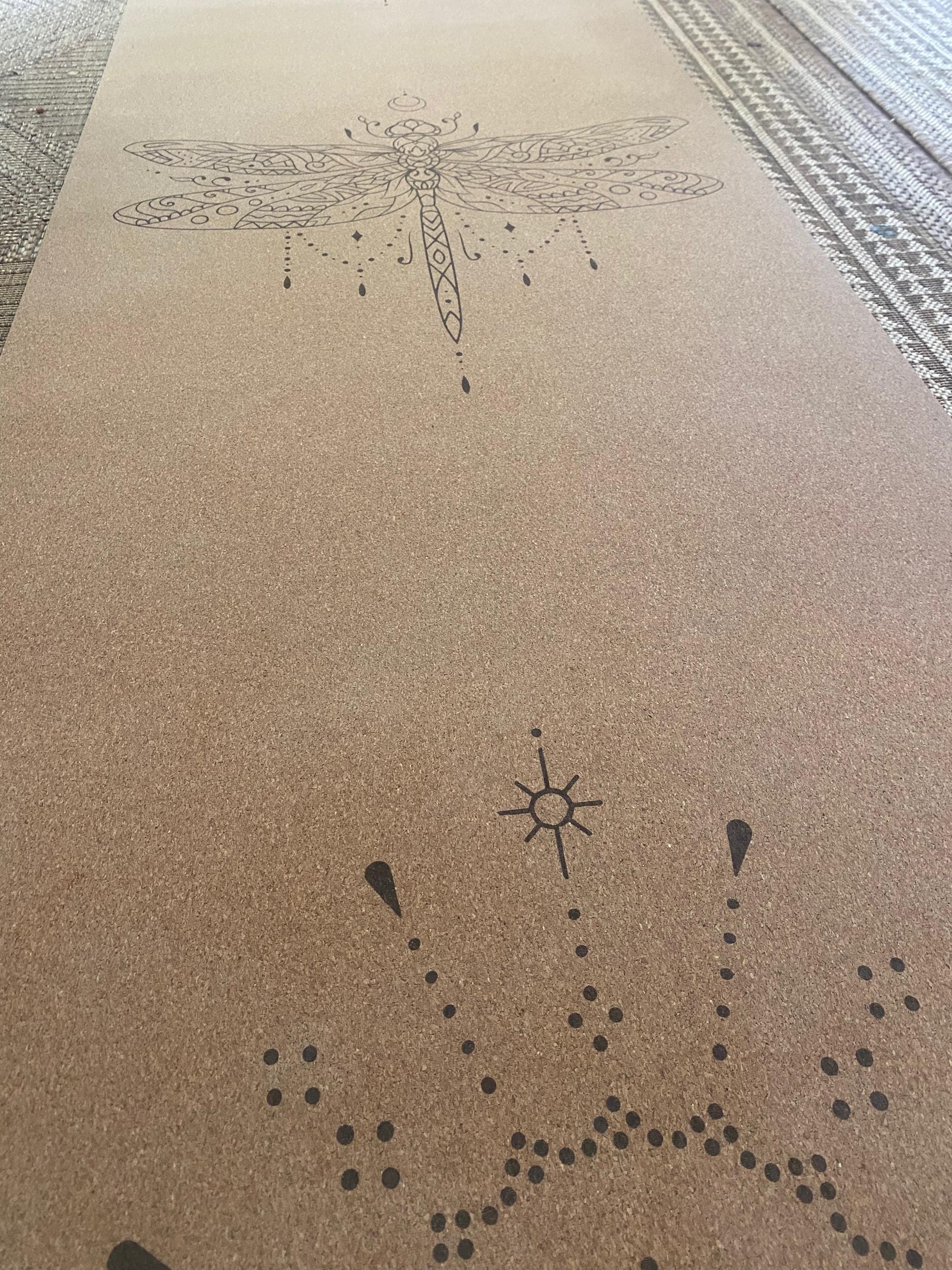 Dragonfly Cork Yoga Mat – Laser Engraved Natural Rubber Mat for Ritual & Alignment | Threads of Creation (100 Base Price + shipping)