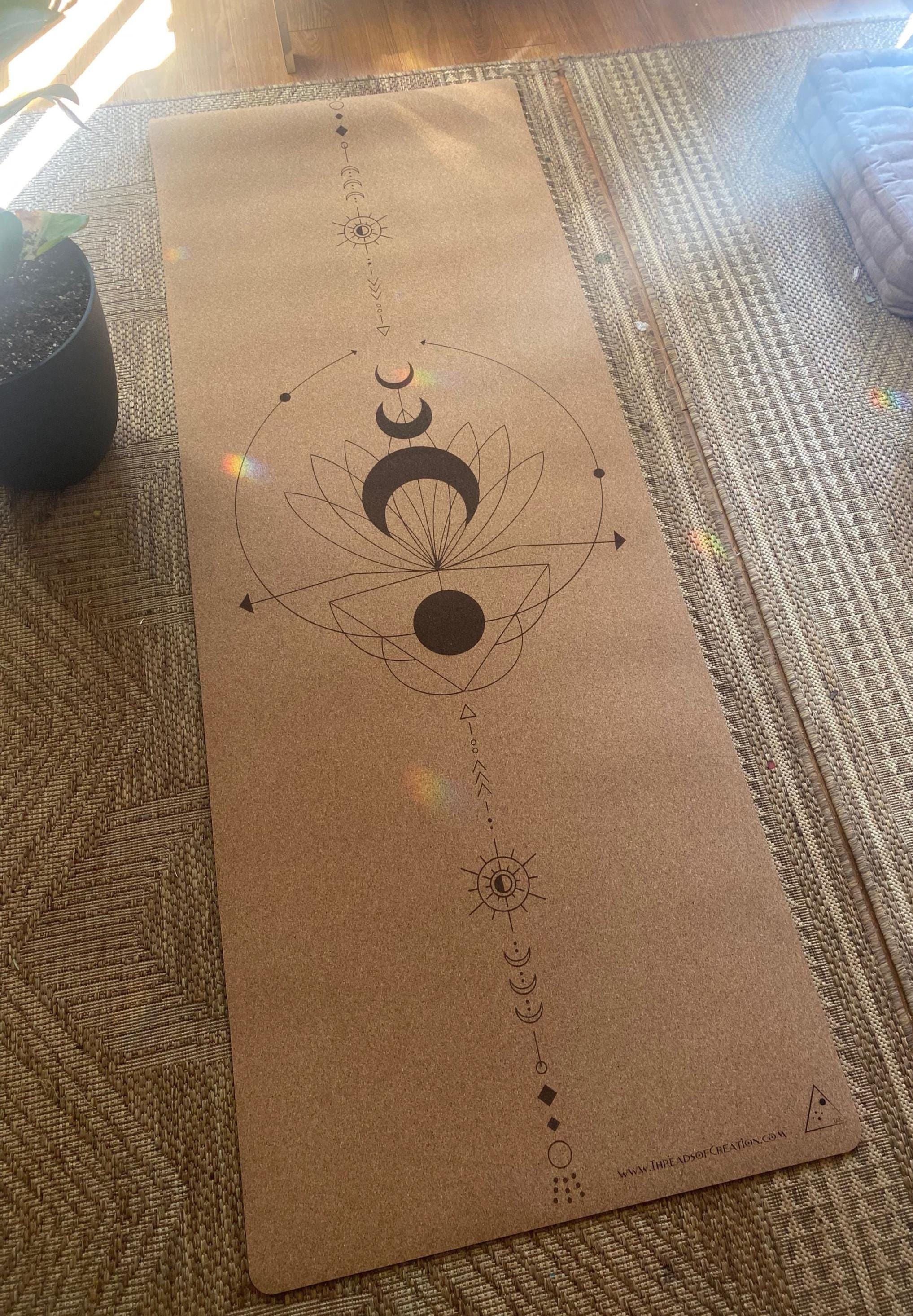 Lunar Bloom Cork Yoga Mat – Laser Engraved Natural Rubber Mat for Ritual & Alignment | Threads of Creation (100 Base Price + shipping)