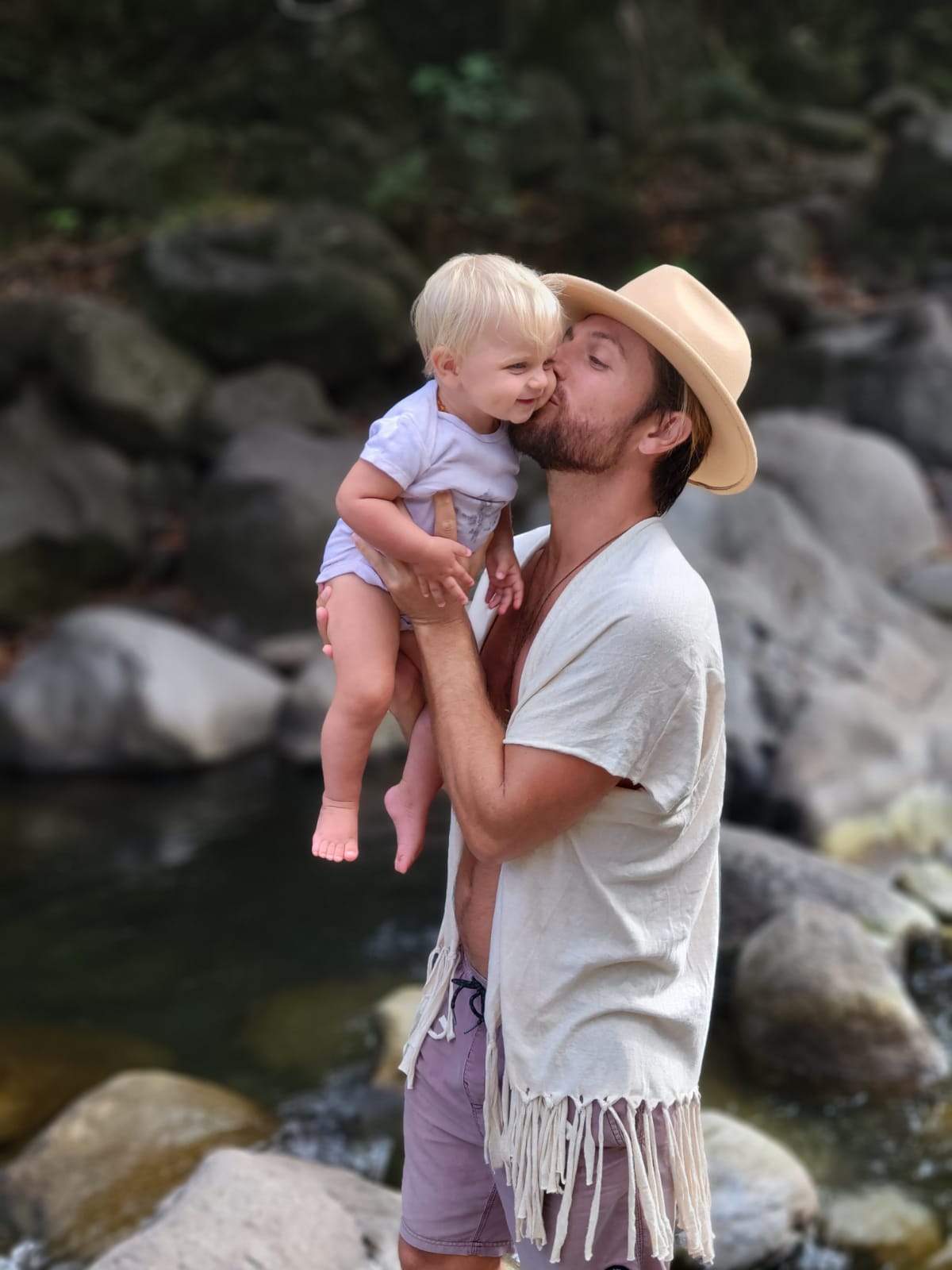 father and daughter in nature wearing eco printed baby onesie  and hand dyed kimono