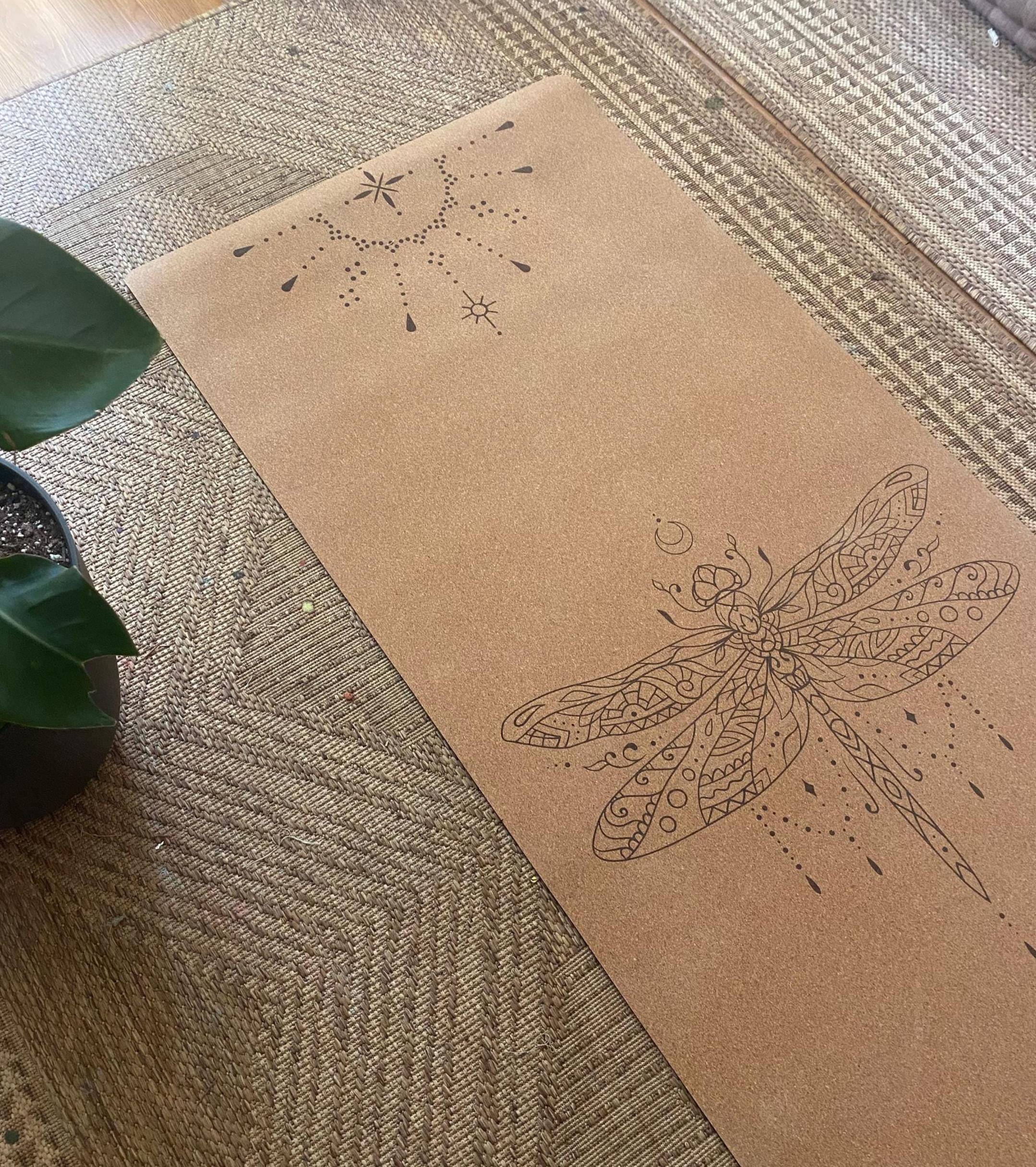 Dragonfly Cork Yoga Mat – Laser Engraved Natural Rubber Mat for Ritual & Alignment | Threads of Creation (100 Base Price + shipping)