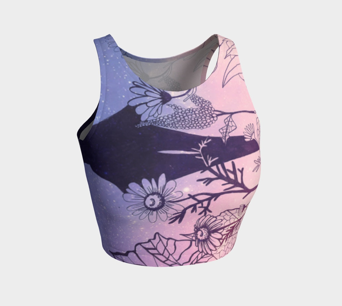 Yoga top in shades of pink and purple with plants in black