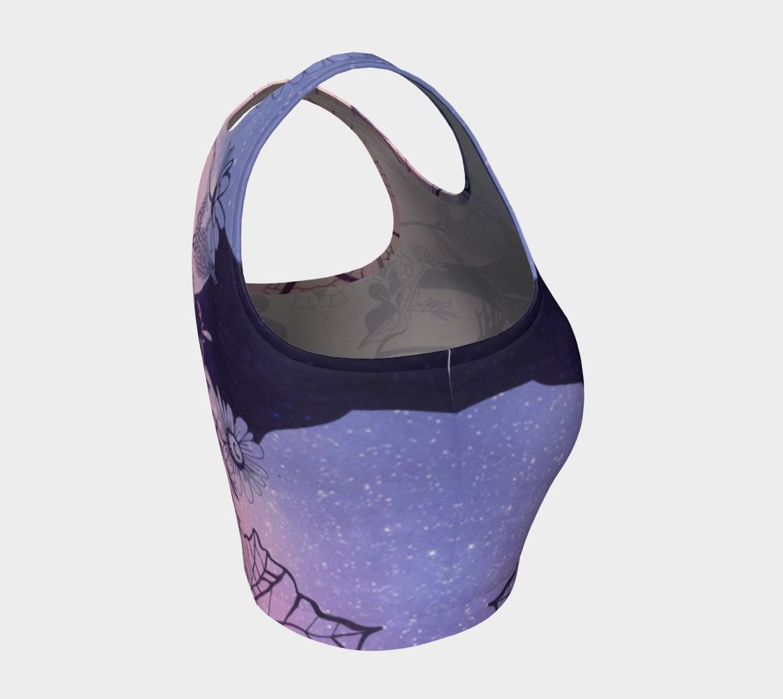 Yoga top in shades of pink and purple with plants in black