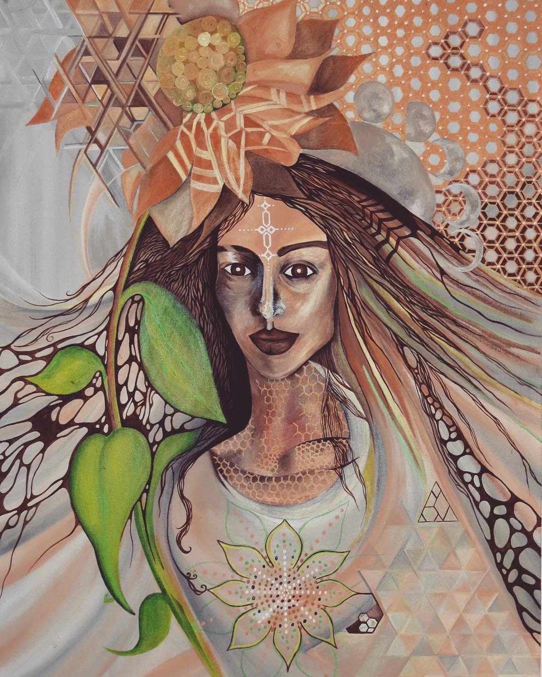 painting titled 'hive mind' Pastel shades in a triangular and hive design of a womans face with sunflowers and leaves all around her