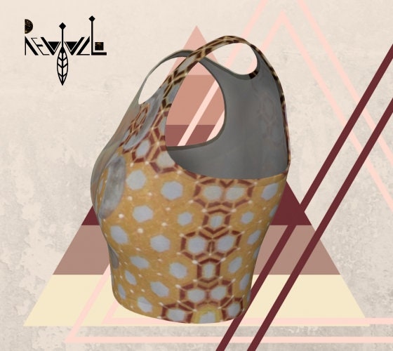 Pastel shades in a triangular and hive design on a yoga top