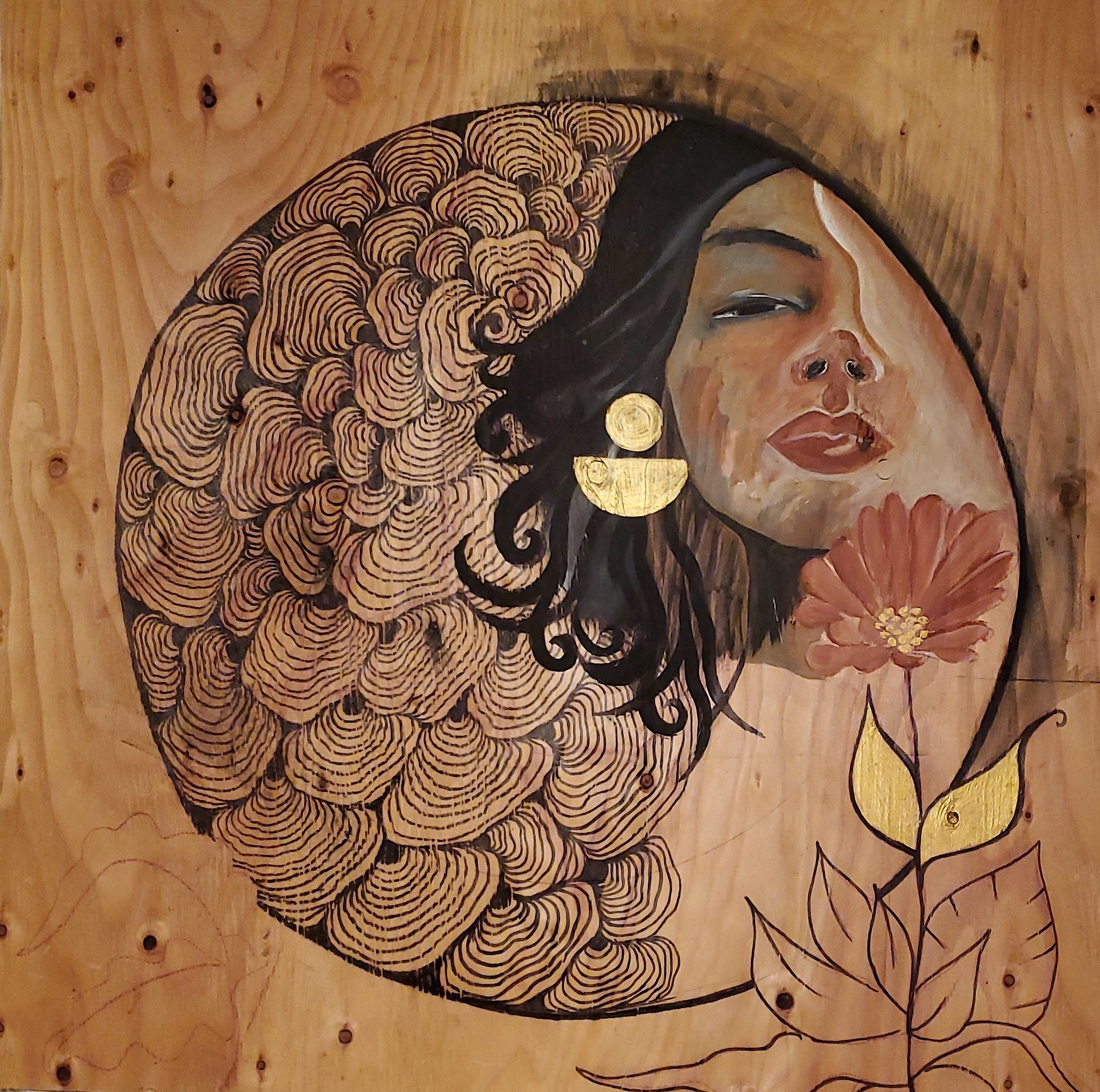 painting titled 'mushroom maiden' of a womans face she has black hair and is surrounded by reishi mushrooms and flower with red petals and gold leaves and gold earrings