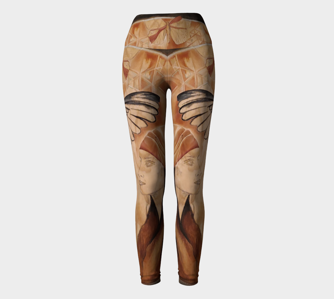 Yoga leggings with a painting of a woman and a raven on reclaimed wood in shades of brown and black and rust with a butterfly on the waistband