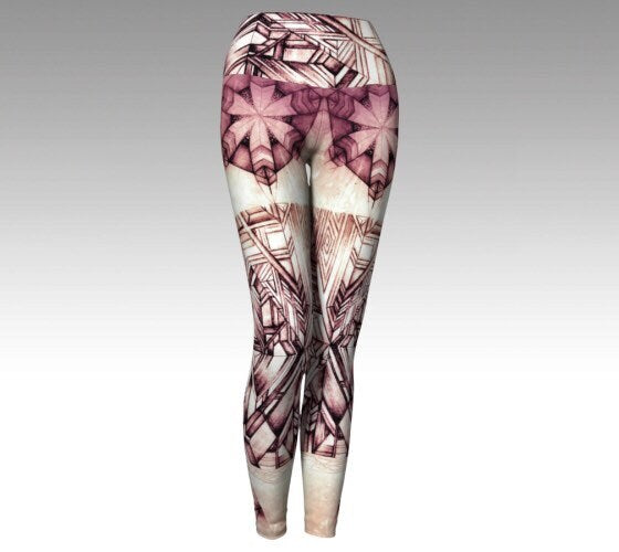black and white and pink leggings with abstract and geometric designs