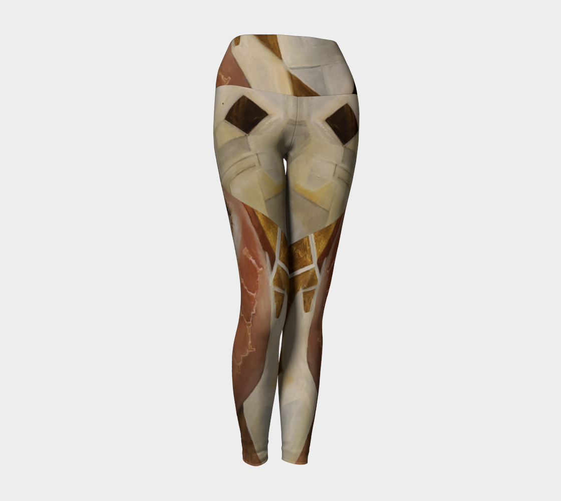 Yoga leggings in shades of white cream and gold with pink accents and geometric gold shapes