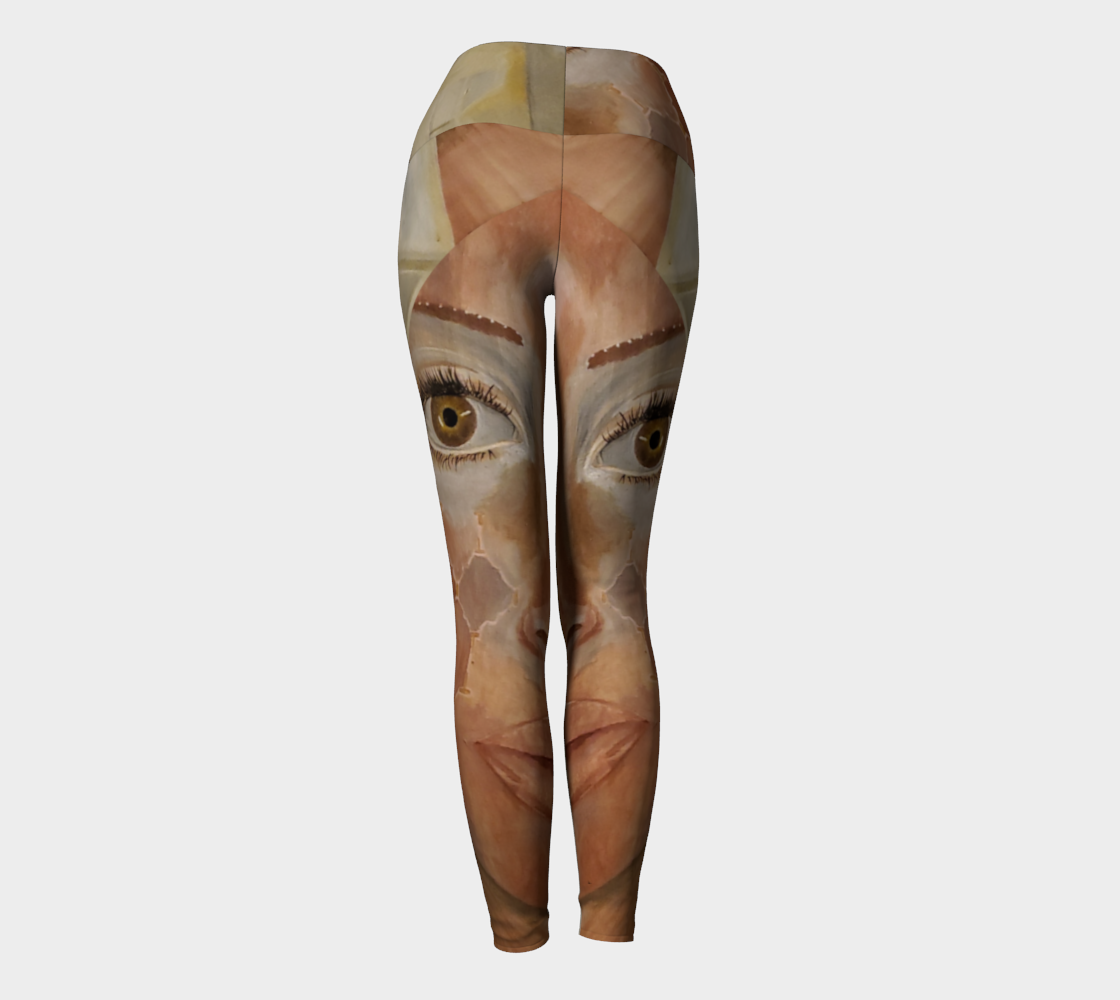 Yoga leggings in shades of white cream and gold with pink accents and geometric gold shapes