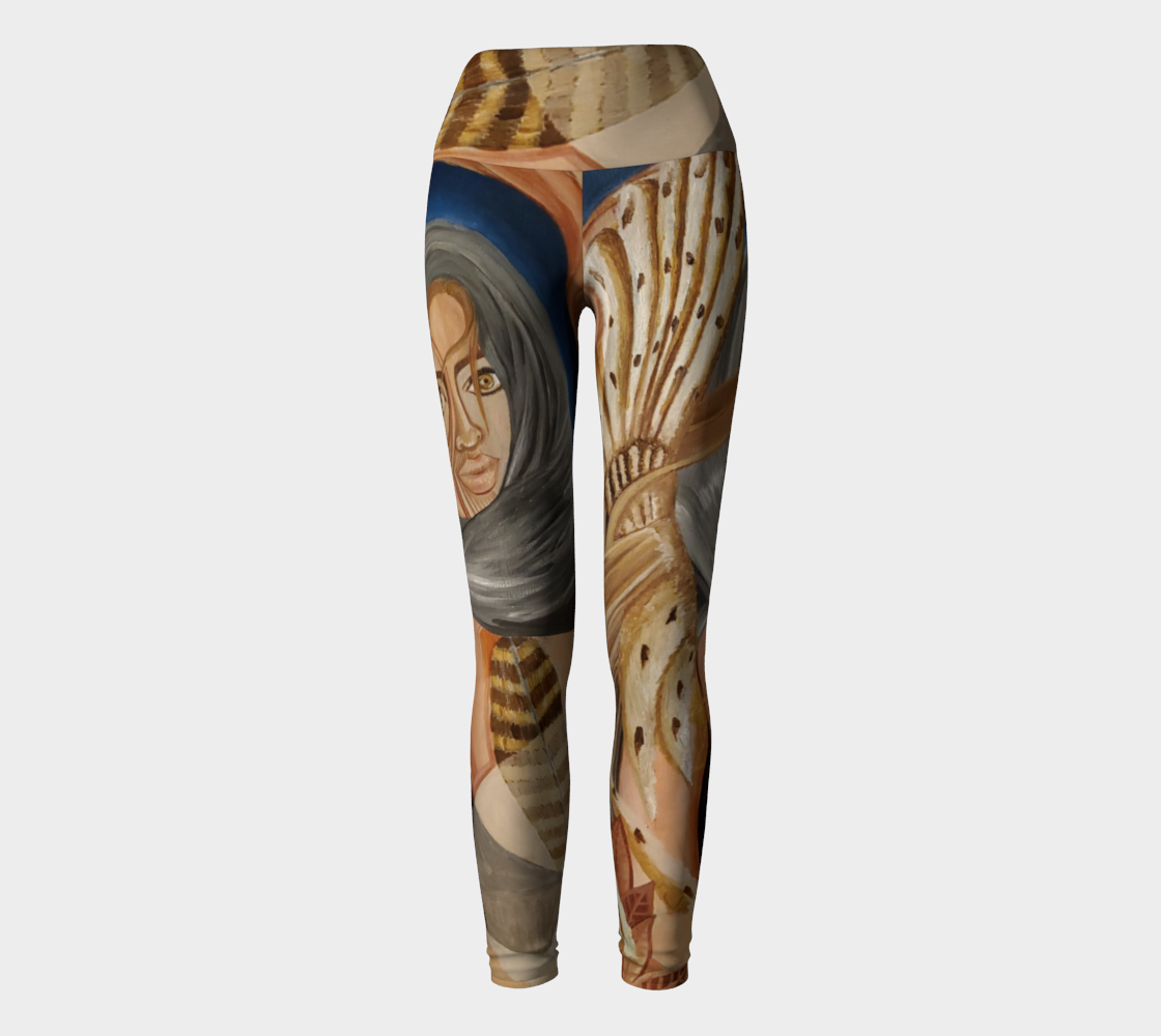 Yoga leggings in shades of blue and brown with a womans face and owl feathers painted in shades of white and tan and pink