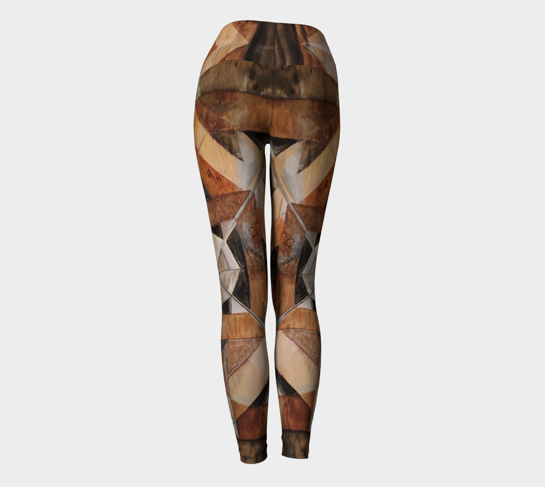 Yoga leggings with geometric pattern on wood grain with lines in black brown and rust and green