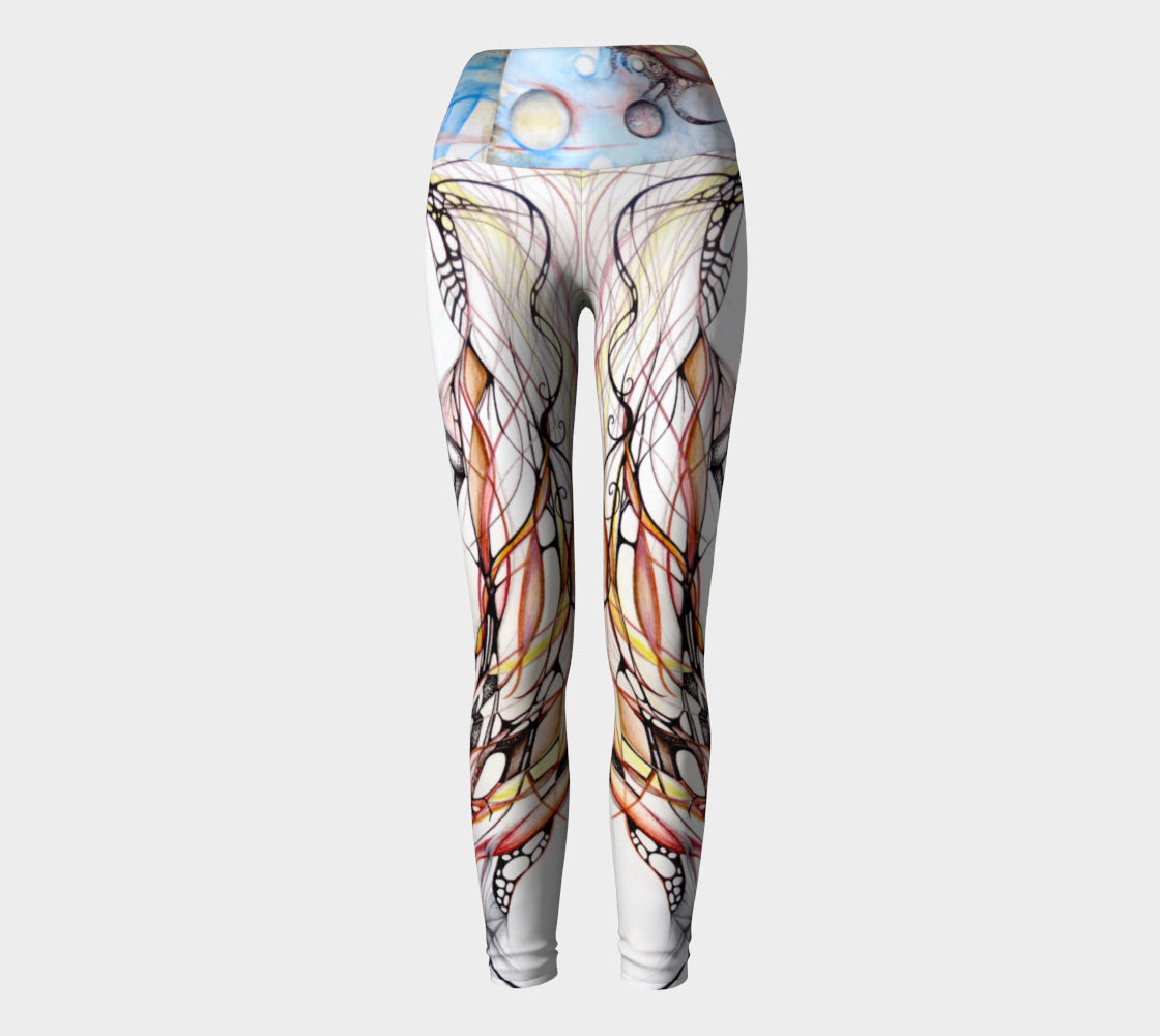 Yoga leggings with black and white lines and designs in organic shapes with shades of blue and red