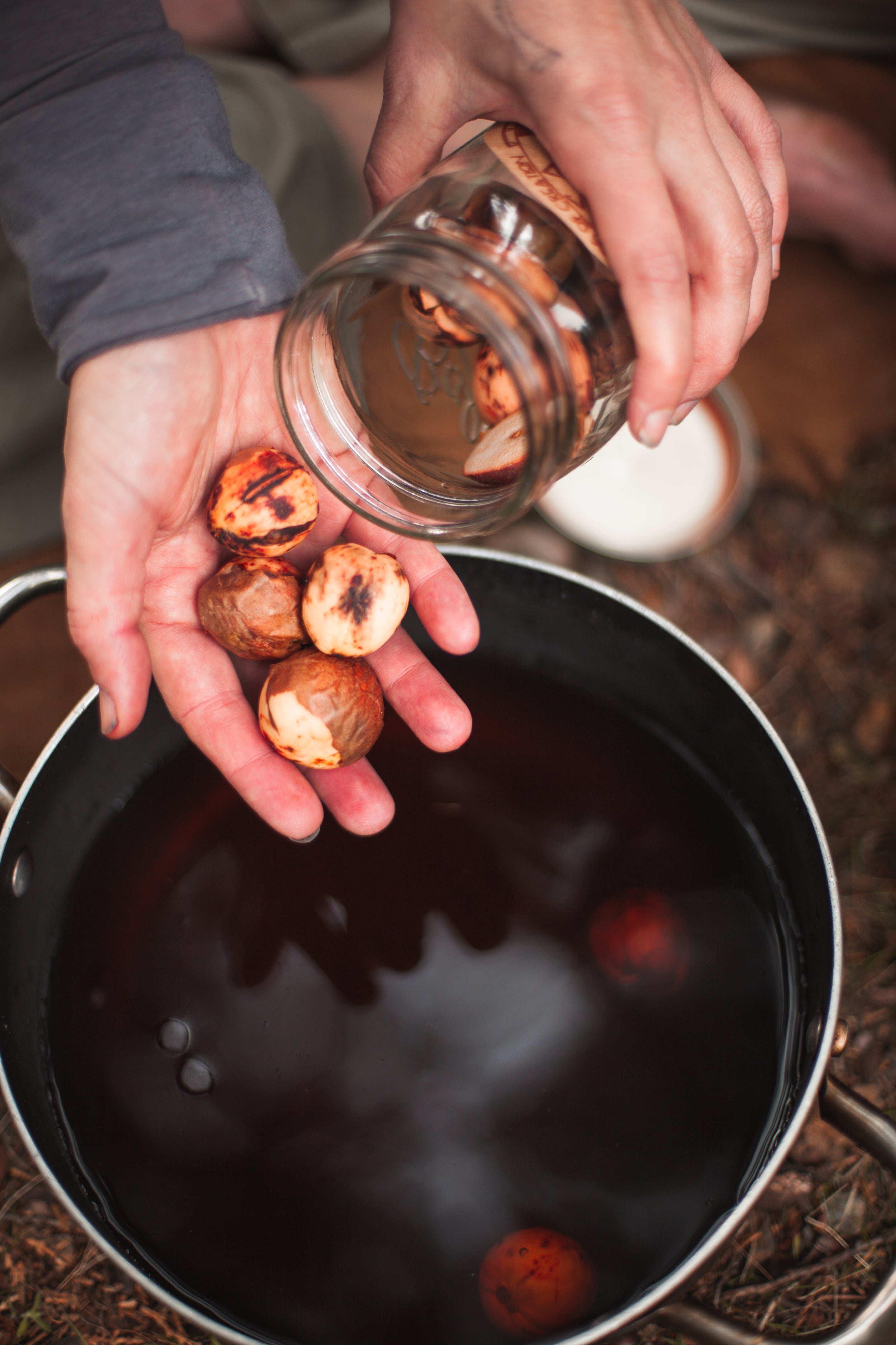 avocado pits being poured from a jar into the palm of a womans hand over a pot of liquid