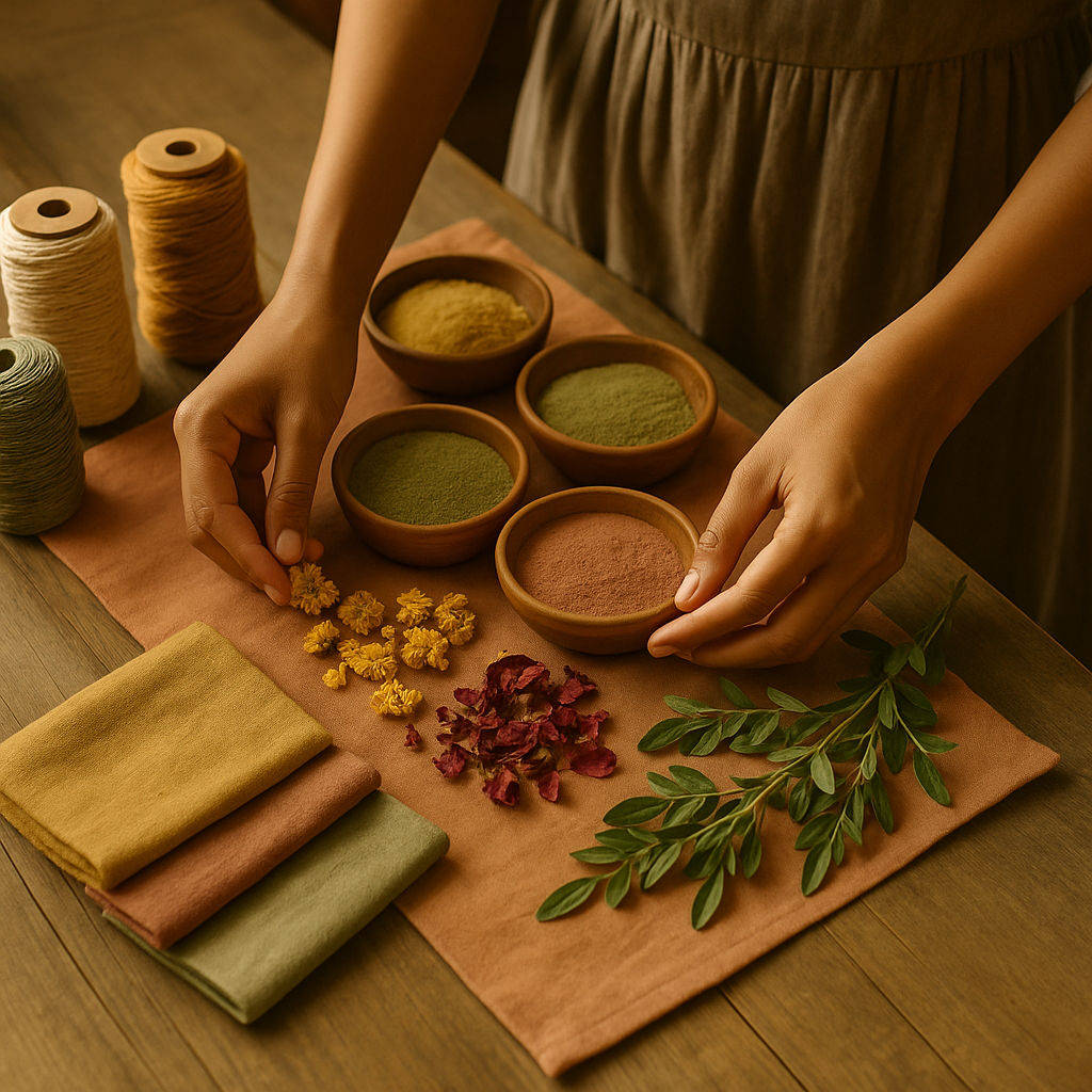Person arranging natural ingredients on a wooden surface with bowls of powders and a cloth.