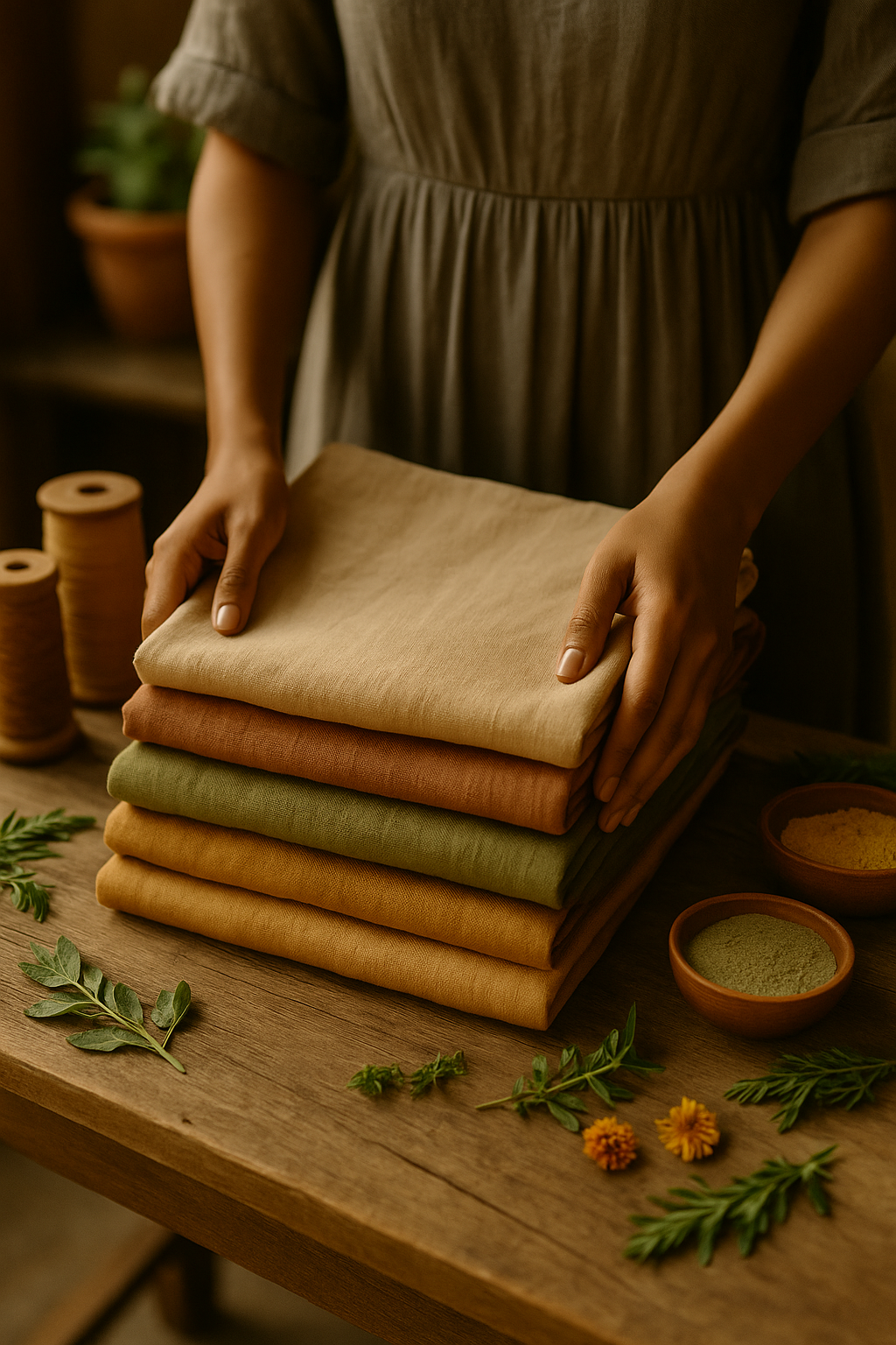 Stack of fabric swatches on a wooden table with a person in a dress.