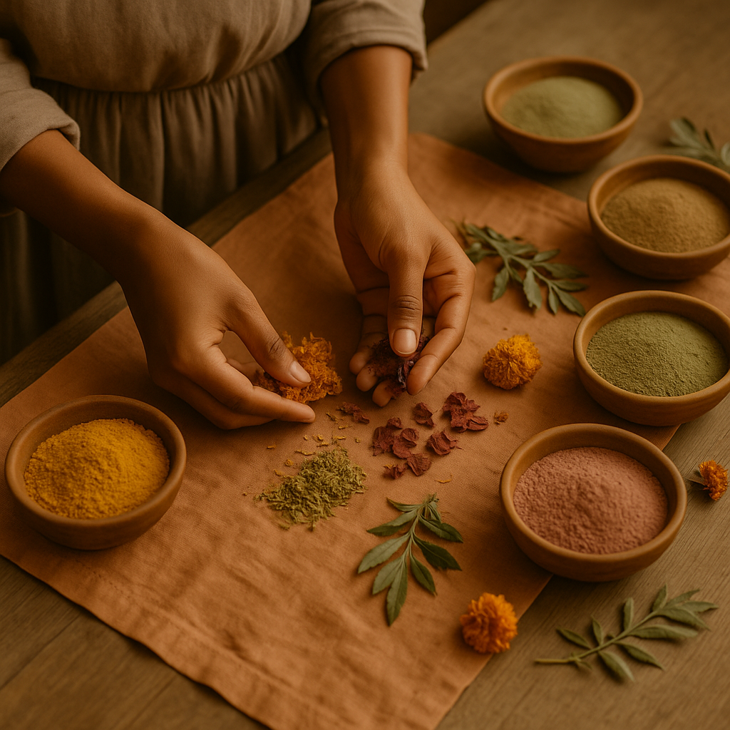 Person handling dried herbs and flowers with bowls of various powders for ayurvastra on a wooden surface.