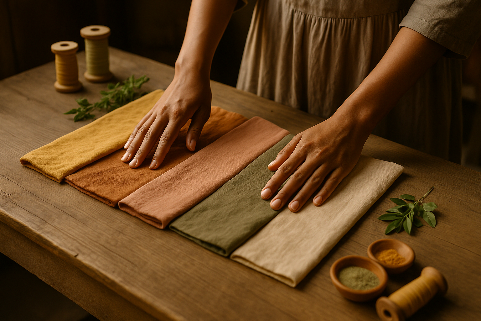 Hands arranging fabric swatches on a wooden table with natural materials.