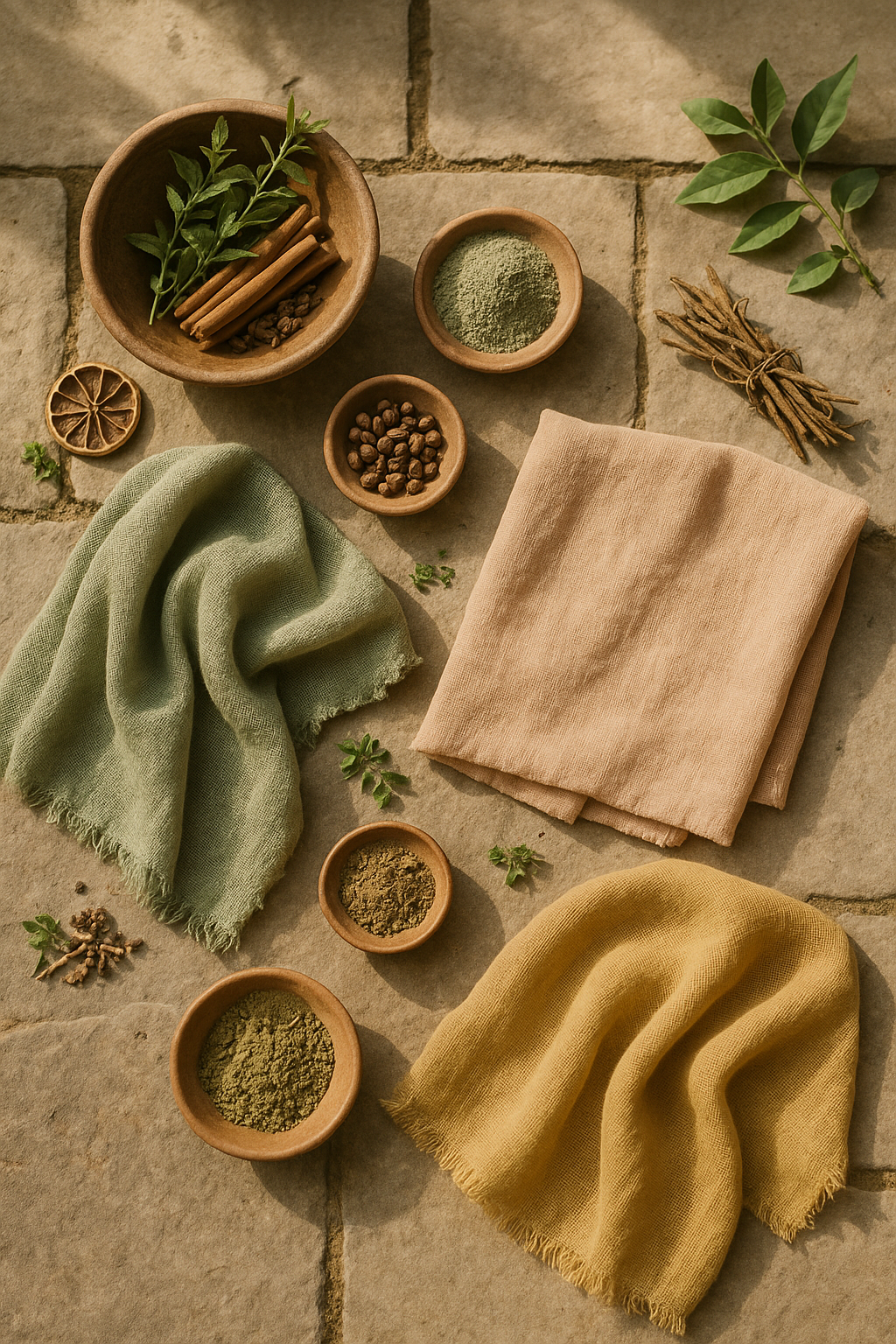 Spices and herbs in wooden bowls on a stone surface with green and beige cloths.