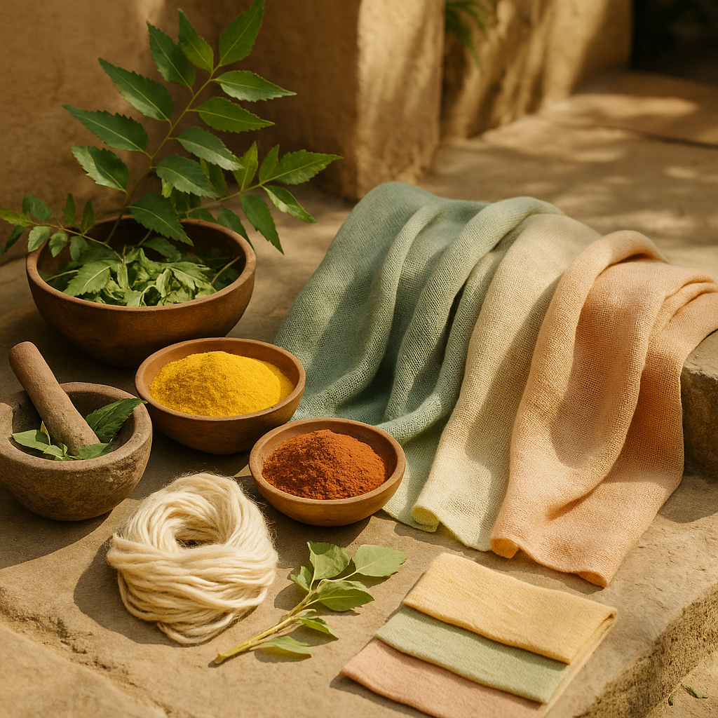 Spices, herbs, and fabric for dyeing with ayurvastra on a stone surface with a natural background