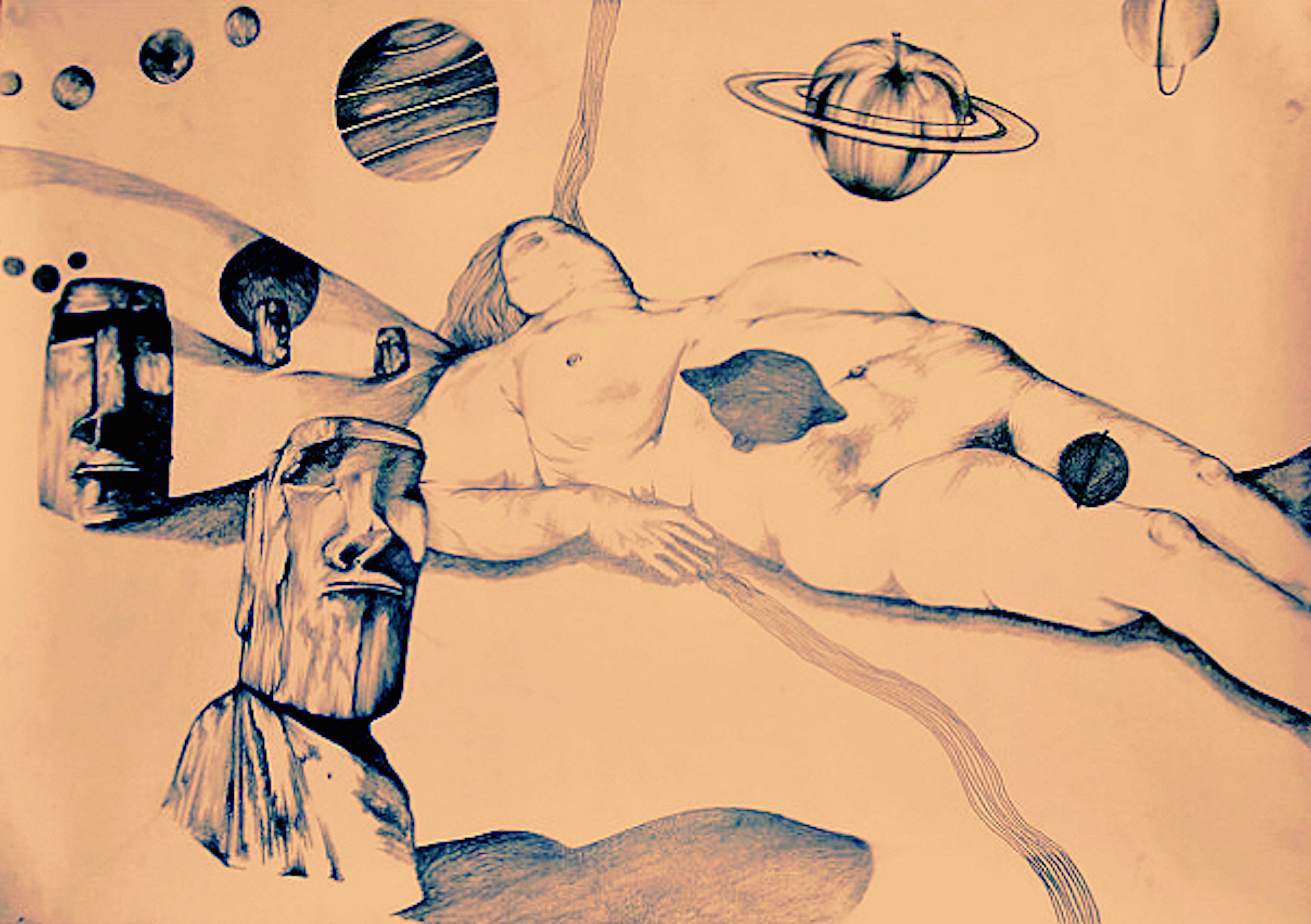 A pencil sketch of a figure with abstract and planetary symbols in the background, suggesting a theme of cosmic or spiritual awakening.