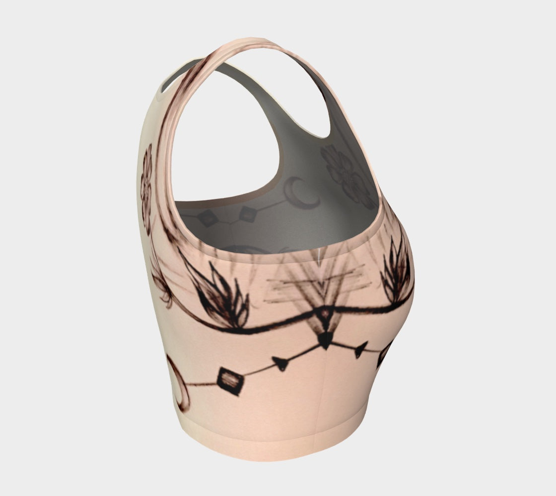 A white tank top with a floral pattern and crescent moons in pink and brown colors.