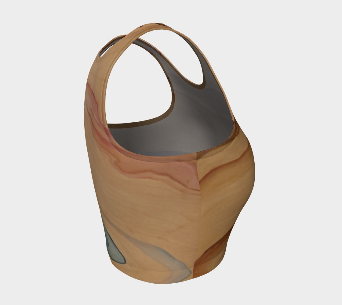 A beige and brown floral pattern yoga top