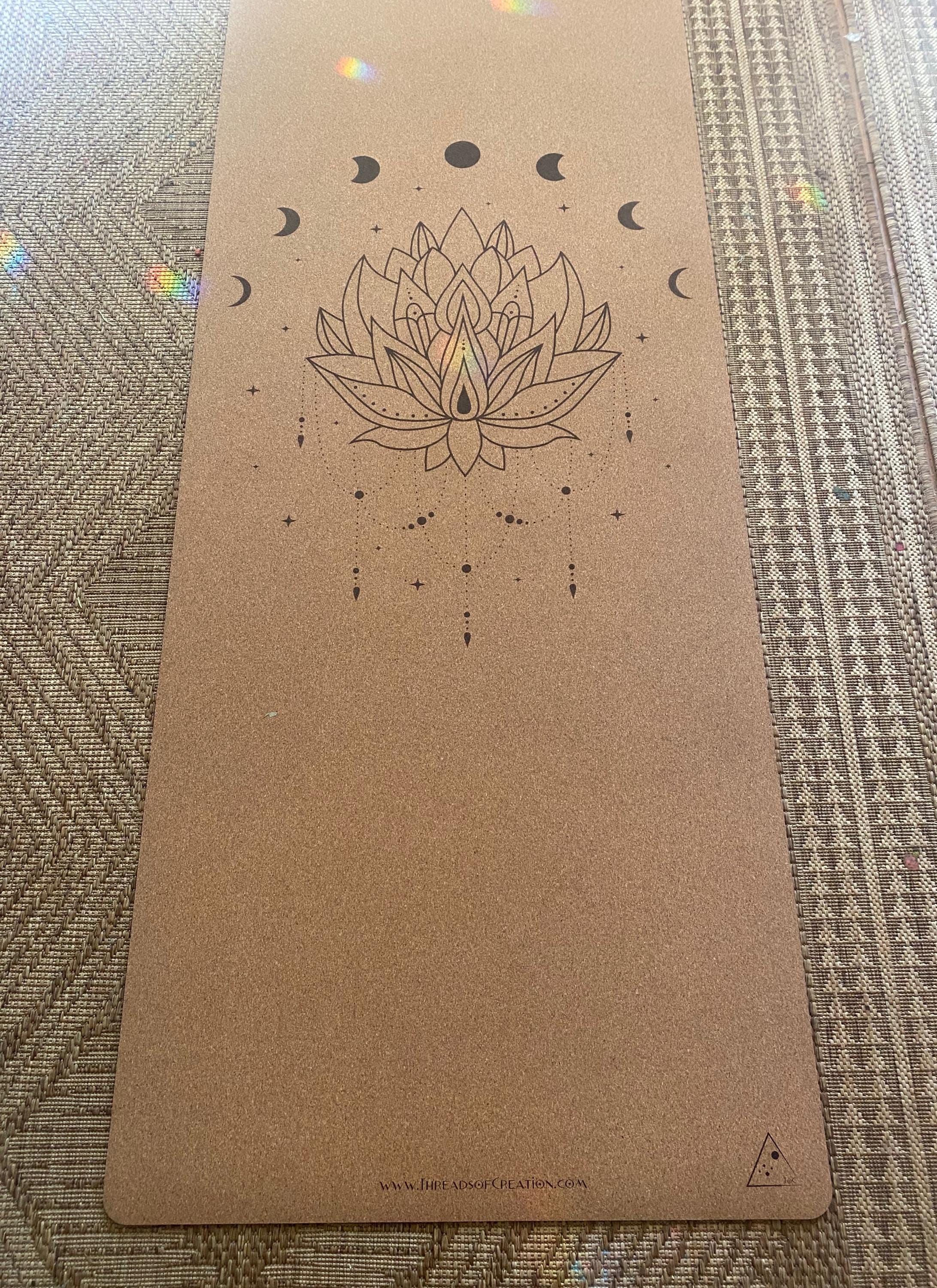 Lotus Moons Cork Yoga Mat – Laser Engraved Natural Rubber Mat for Ritual & Alignment | Threads of Creation (100 Base Price + Shipping)