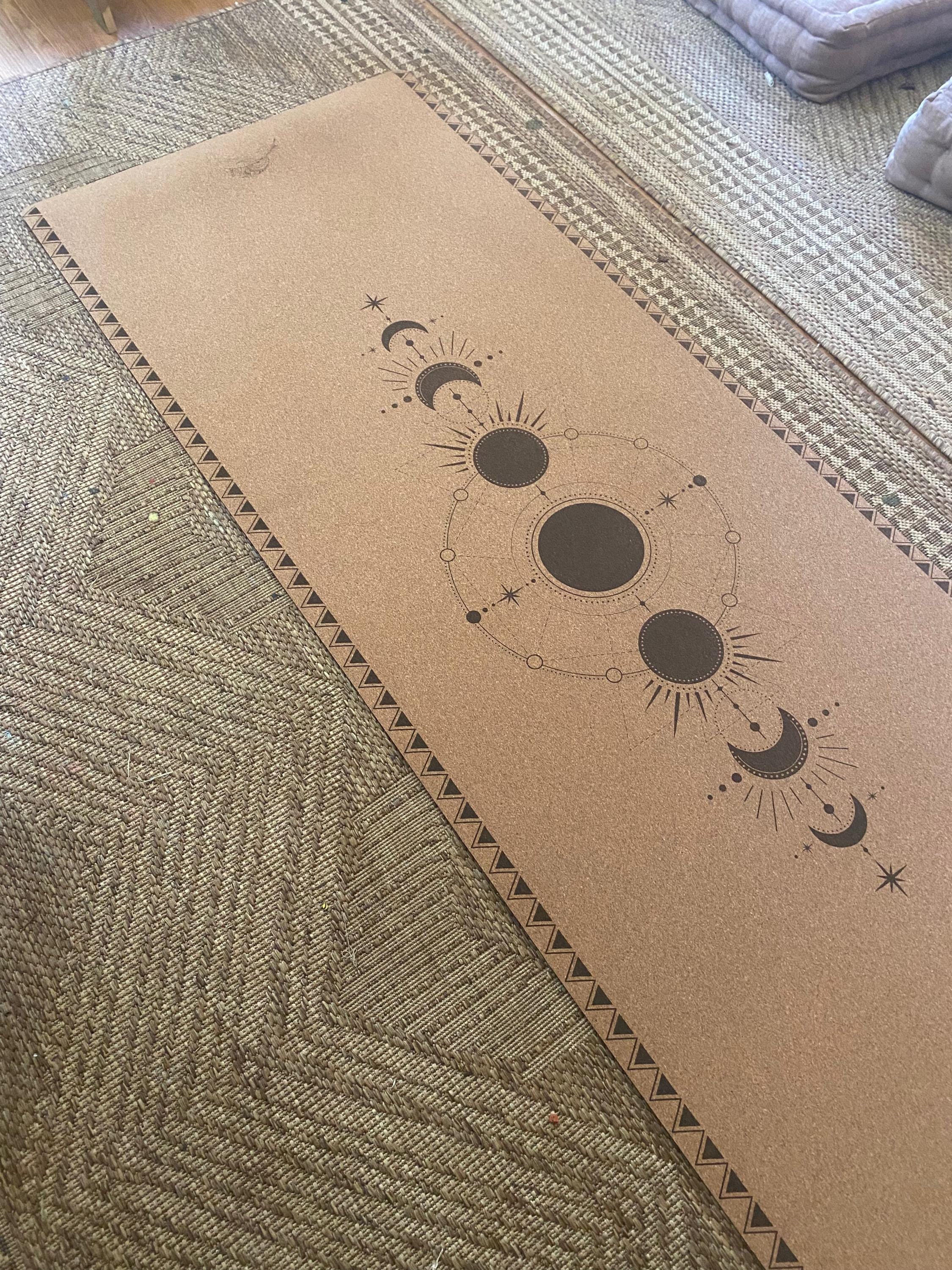 Rooted in Lunar Echoes Cork Yoga Mat – Laser Engraved Natural Rubber Mat | Ritual Alignment | Threads of Creation(100 Base Price + Shipping)