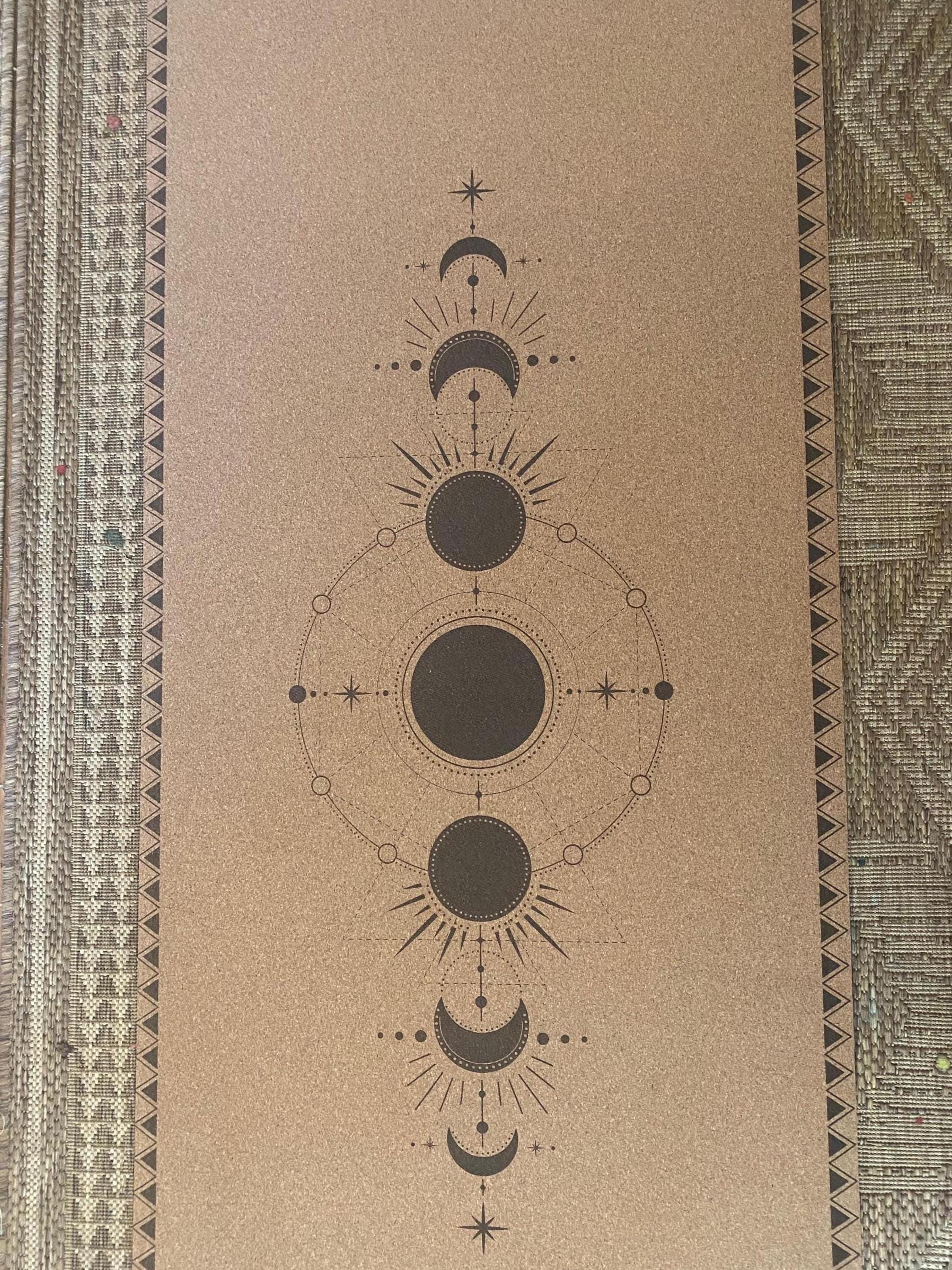 Rooted in Lunar Echoes Cork Yoga Mat – Laser Engraved Natural Rubber Mat | Ritual Alignment | Threads of Creation(100 Base Price + Shipping)