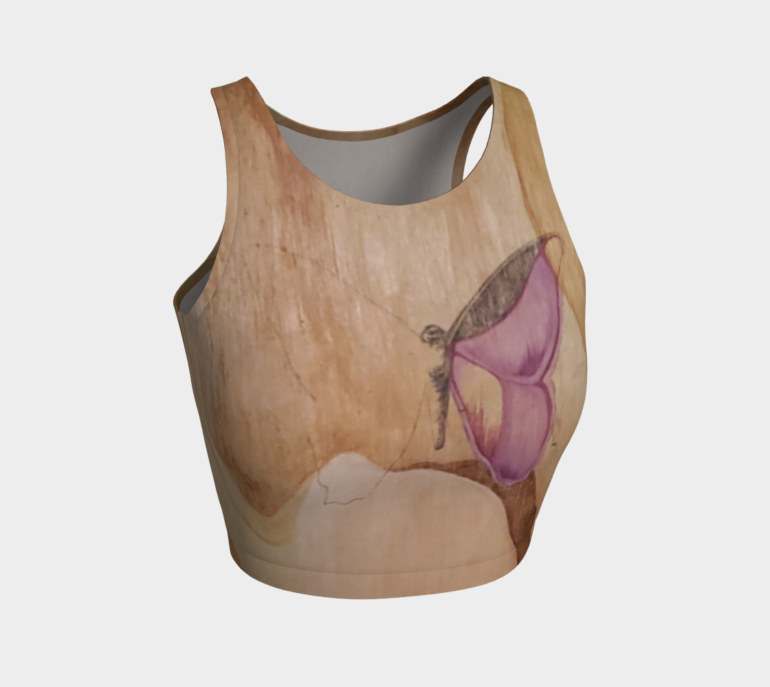 A beige colored top featuring a wood grain texture with a painted violet butterfly design emerging from the wood.
