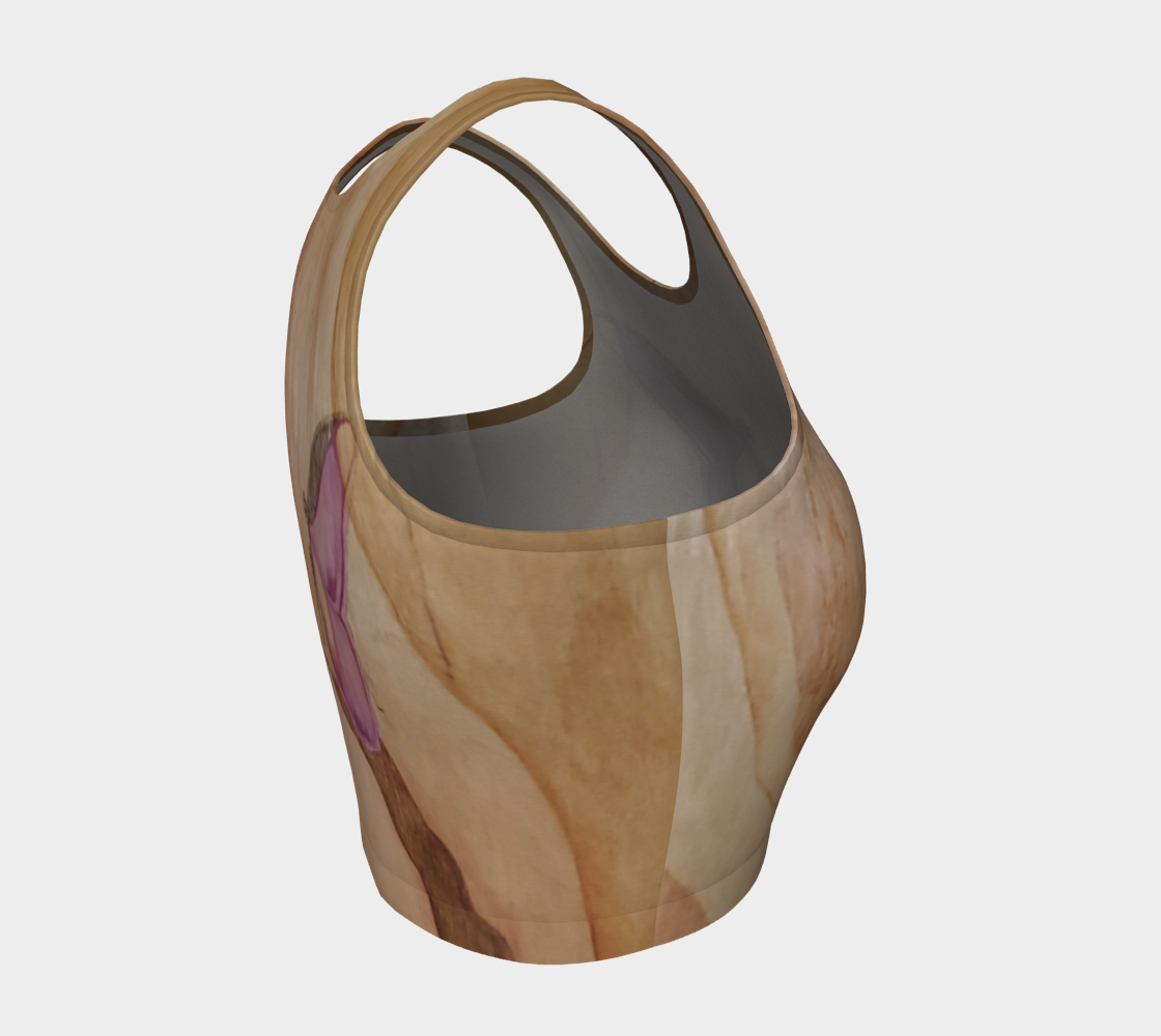 Yoga top with purple butterfly painted on wood grain