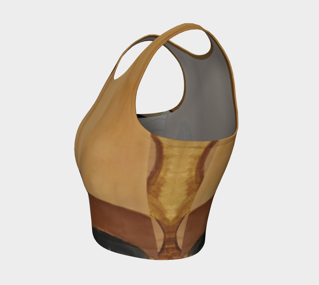 Yoga top with butterfly and piano painted onto wood in shades of brown and blue