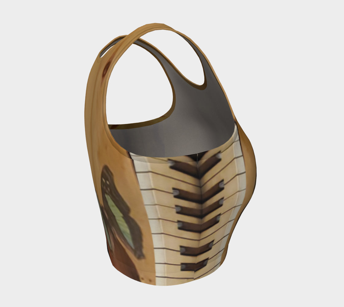 Yoga top with butterfly and piano painted onto wood in shades of brown and blue