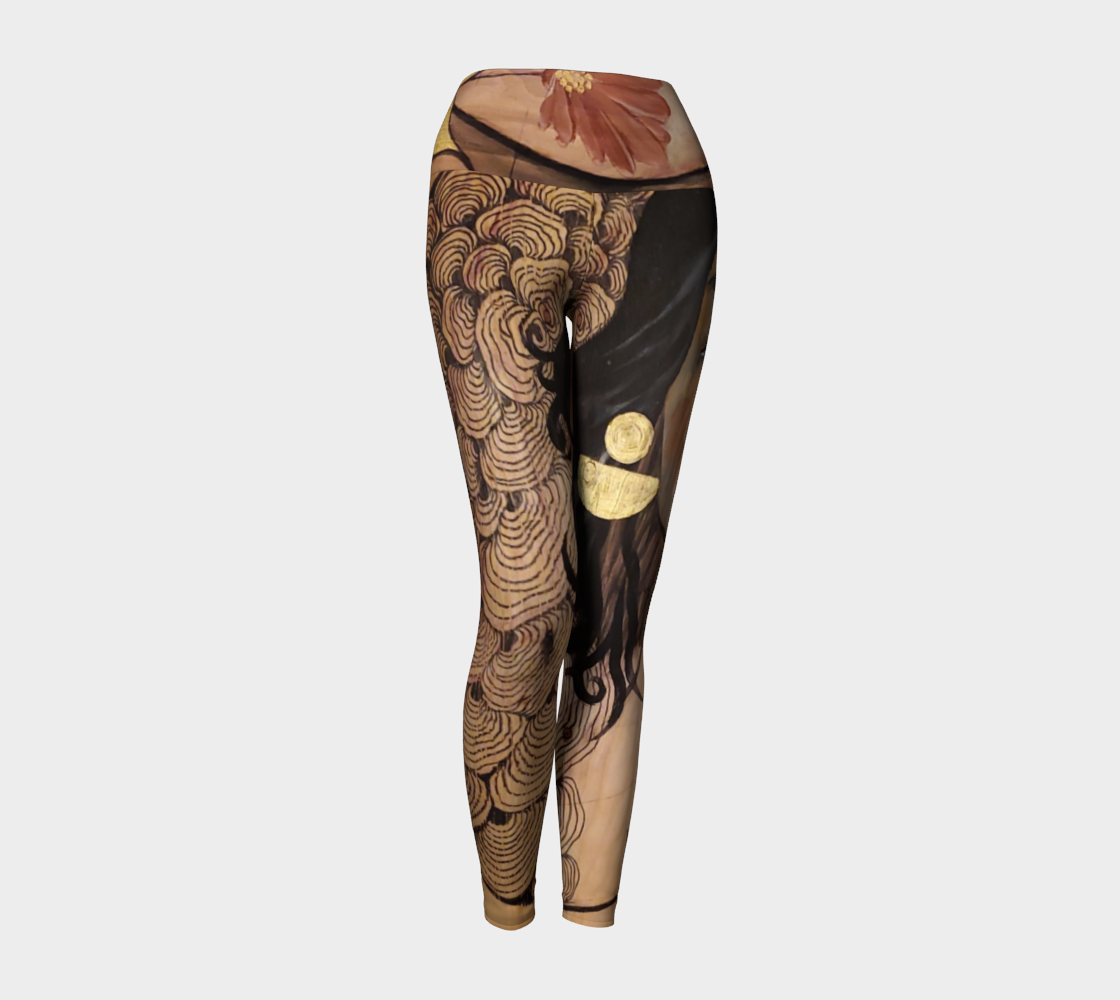 Yoga leggings with a woman face and reishi mushroom black lines painted on reclaimed wood with a gold earring and a red flower