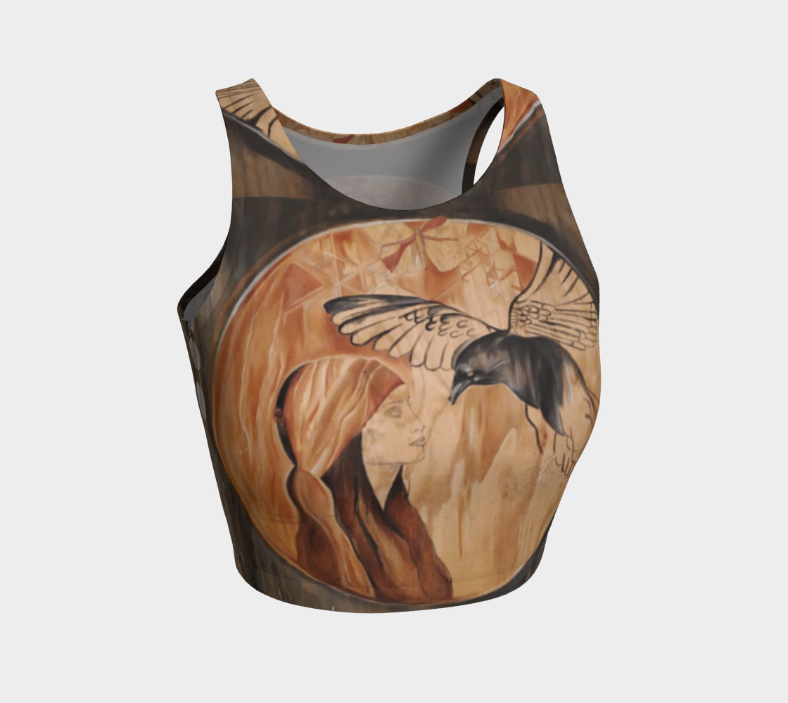 Yoga top with woman face and raven painted on recycled wood in shades of black and brown and rust
