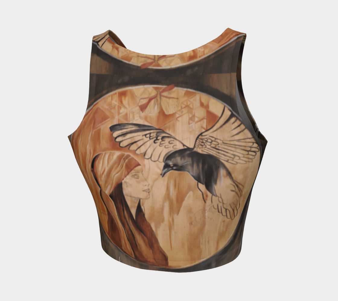 Yoga top with woman face and raven painted on recycled wood in shades of black and brown and rust