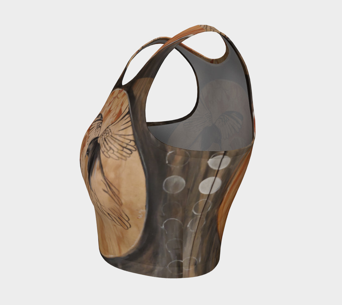 Yoga top with woman face and raven painted on recycled wood in shades of black and brown and rust