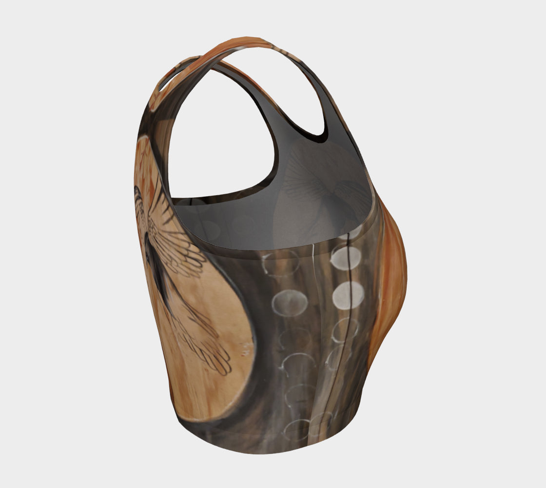 Yoga top with woman face and raven painted on recycled wood in shades of black and brown and rust