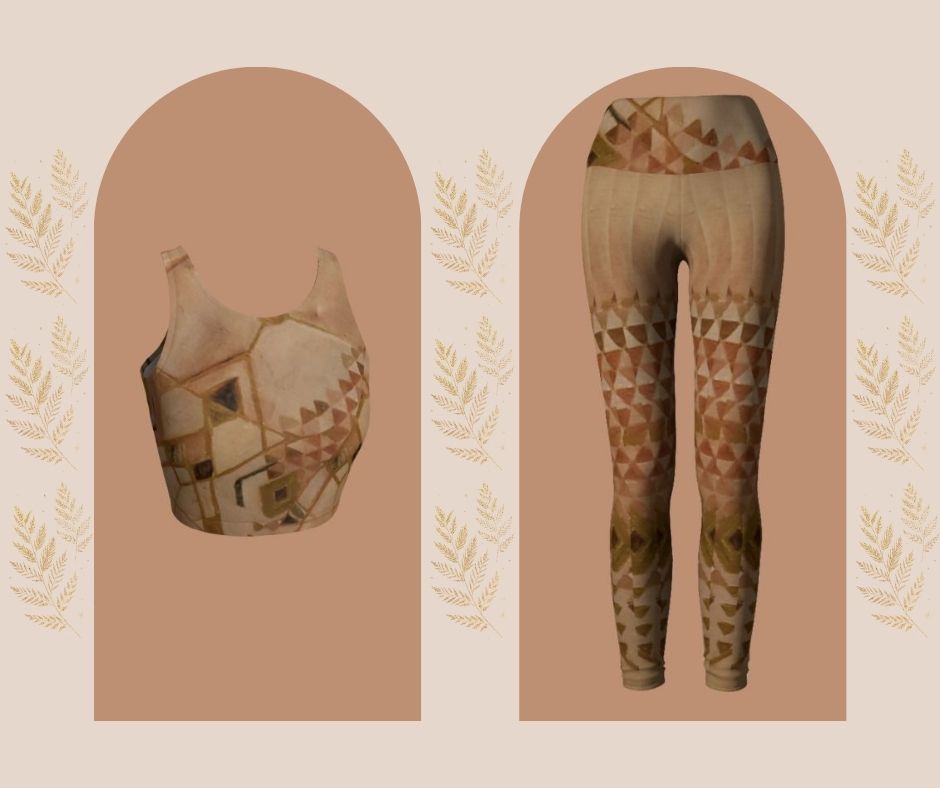 A set of yoga apparel featuring a geometric triangle pattern in beige, brown, and green colors, consisting of a crop top and leggings.