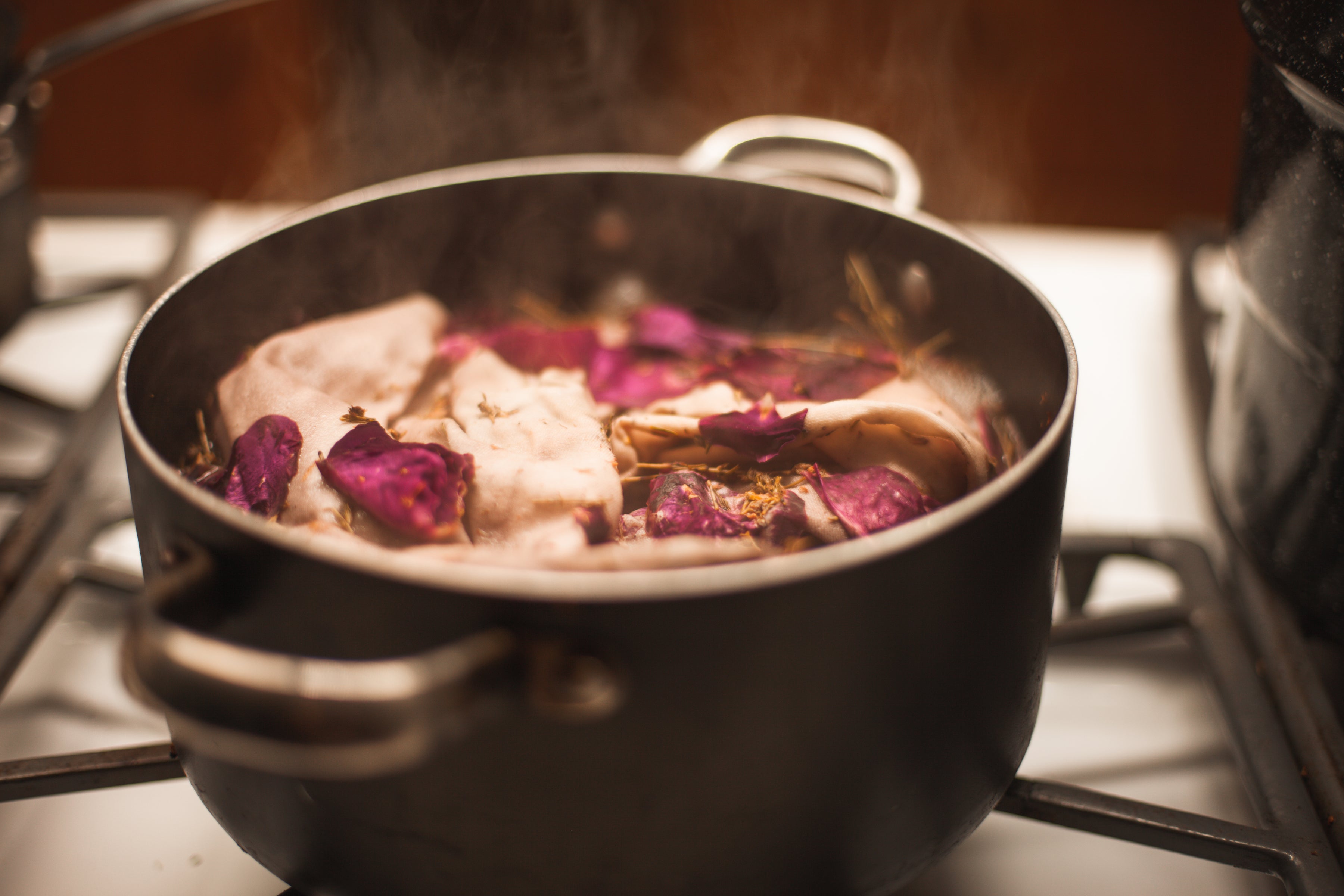 roses in pot on stove