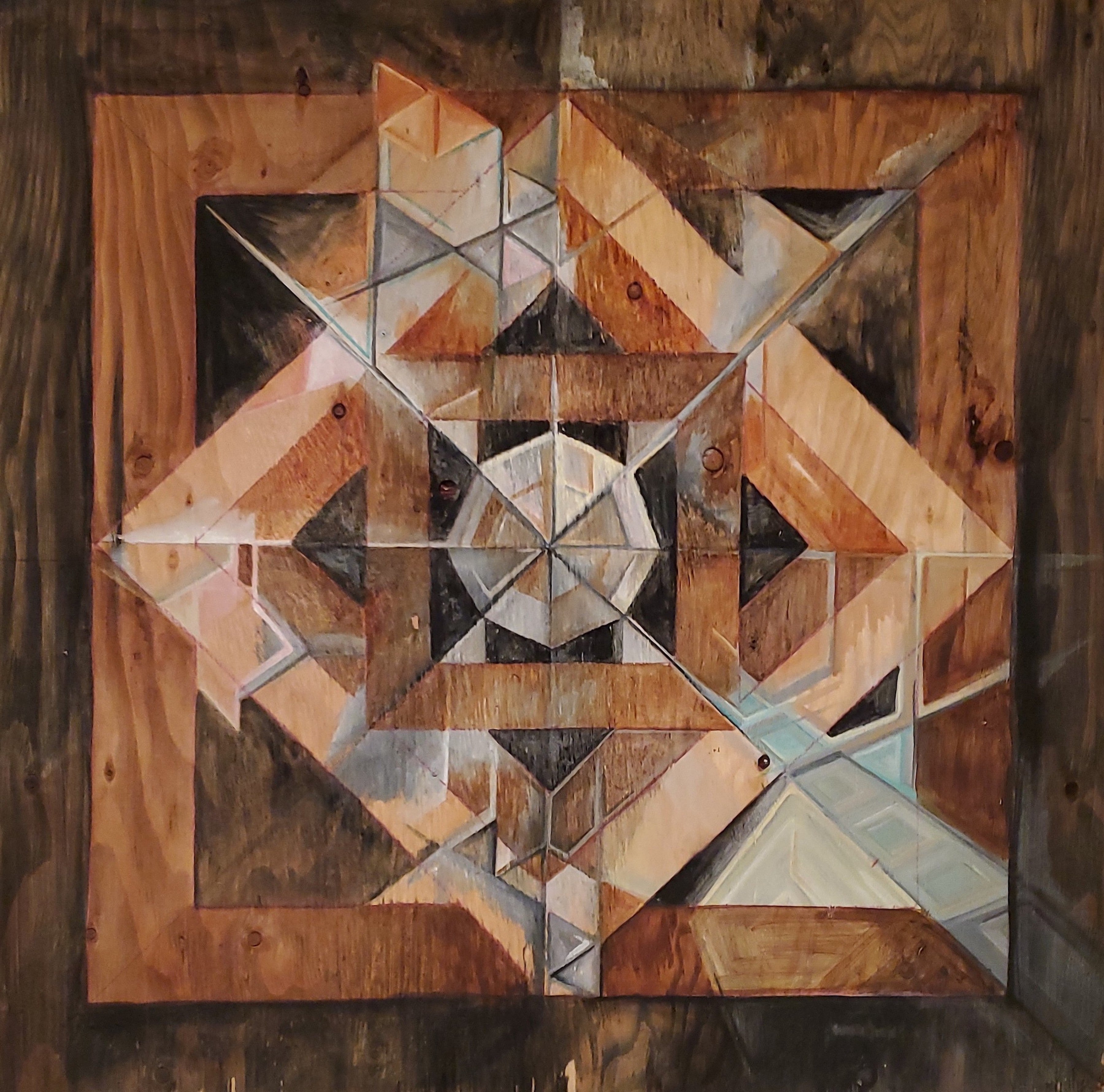 geometric painting on reclaimed wood of lines and shapes in black and white and beige and rust and green called 'sound'